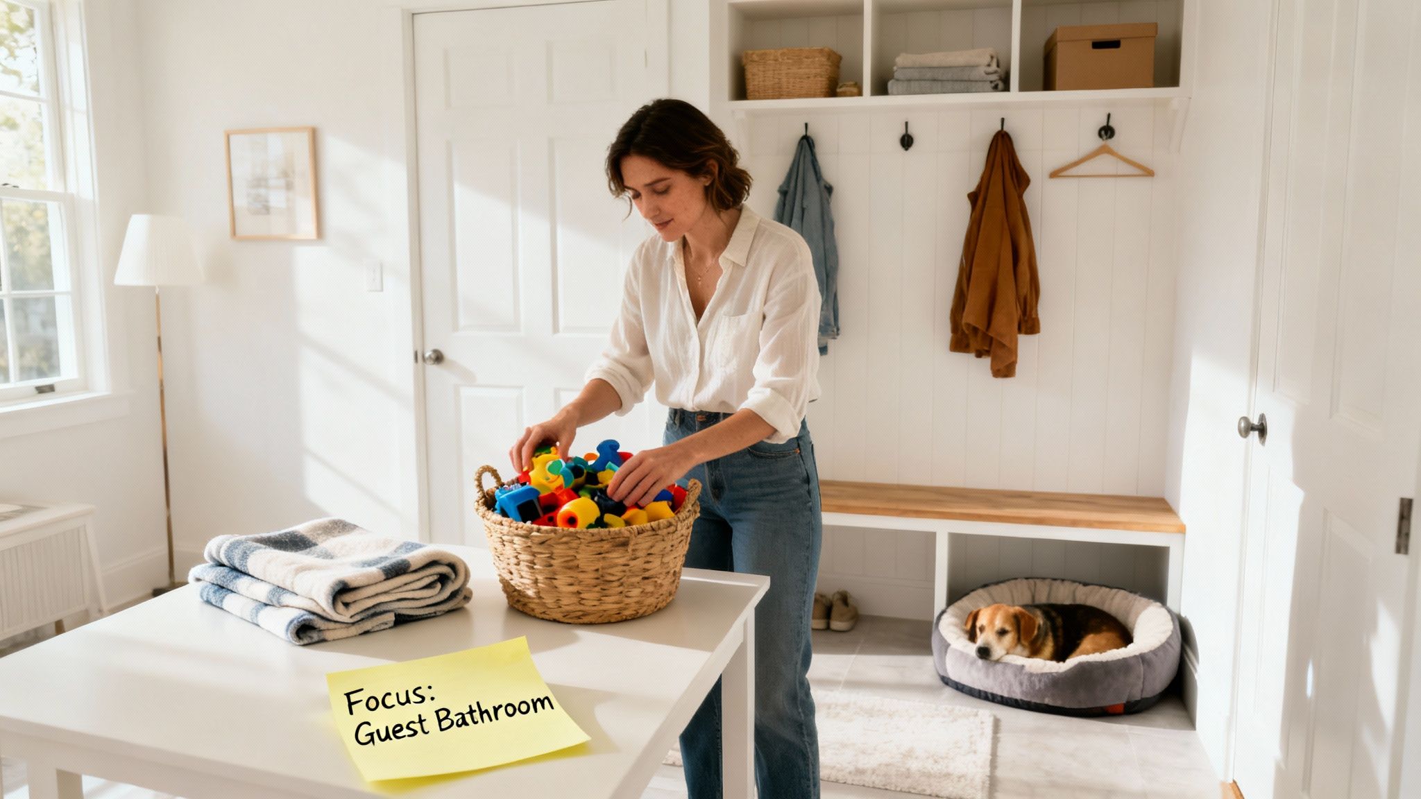 Woman tidying colorful toys in a basket on a white table in a sunlit home entryway.