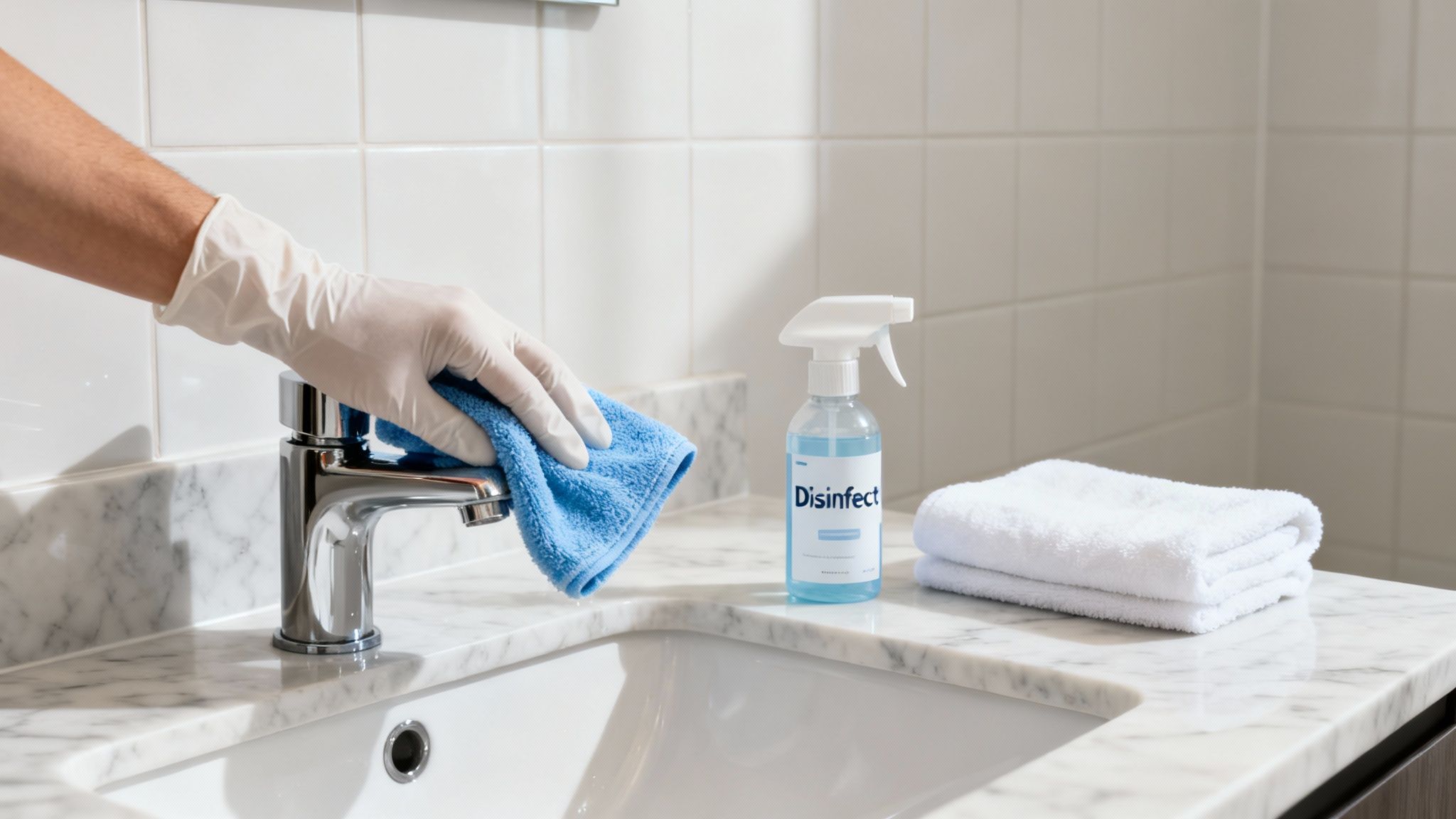Gloved hand cleaning a shiny chrome faucet with a blue cloth in a bathroom with disinfectant spray.