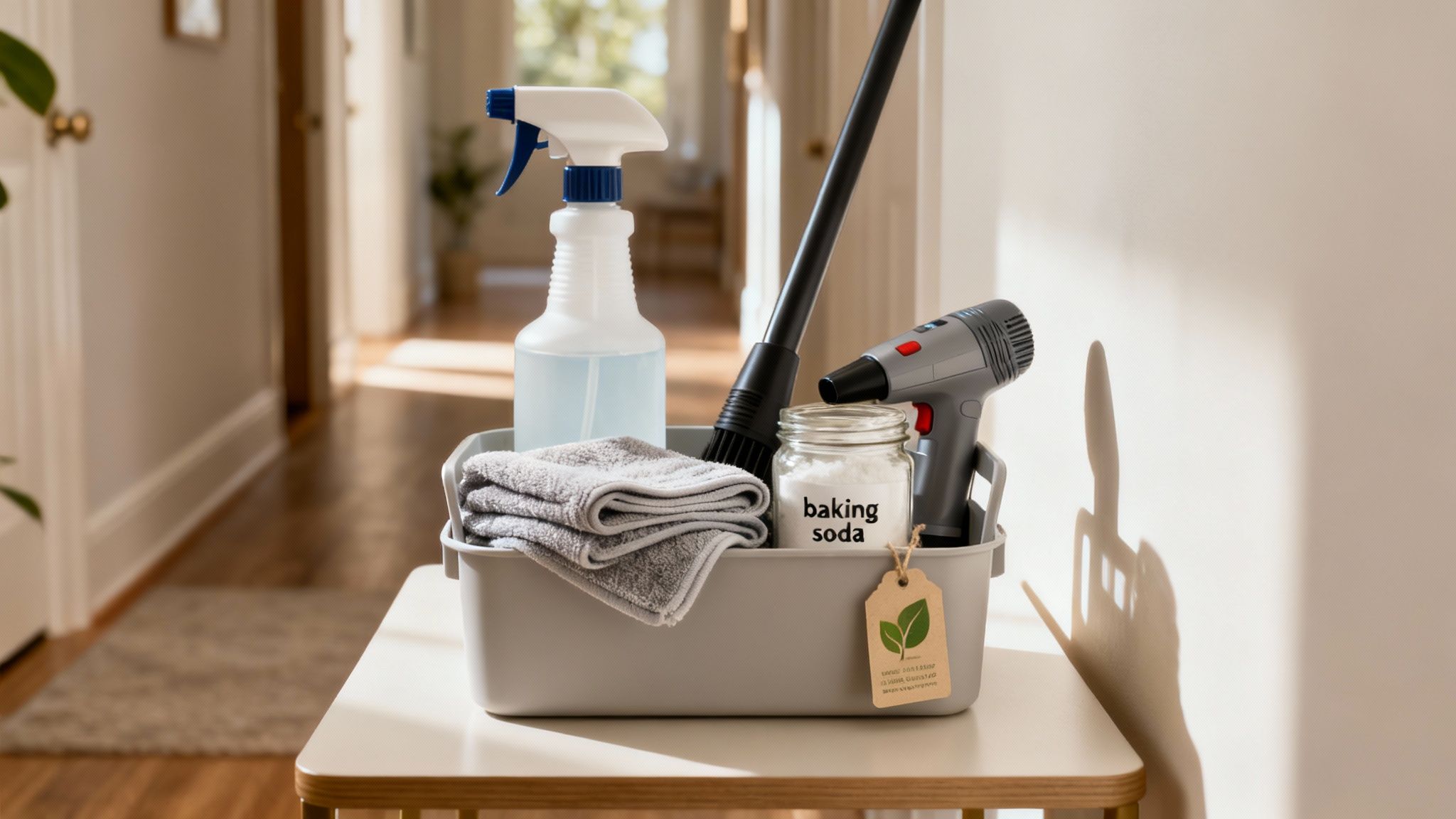 A cleaning caddy filled with essential supplies like spray bottles and cloths