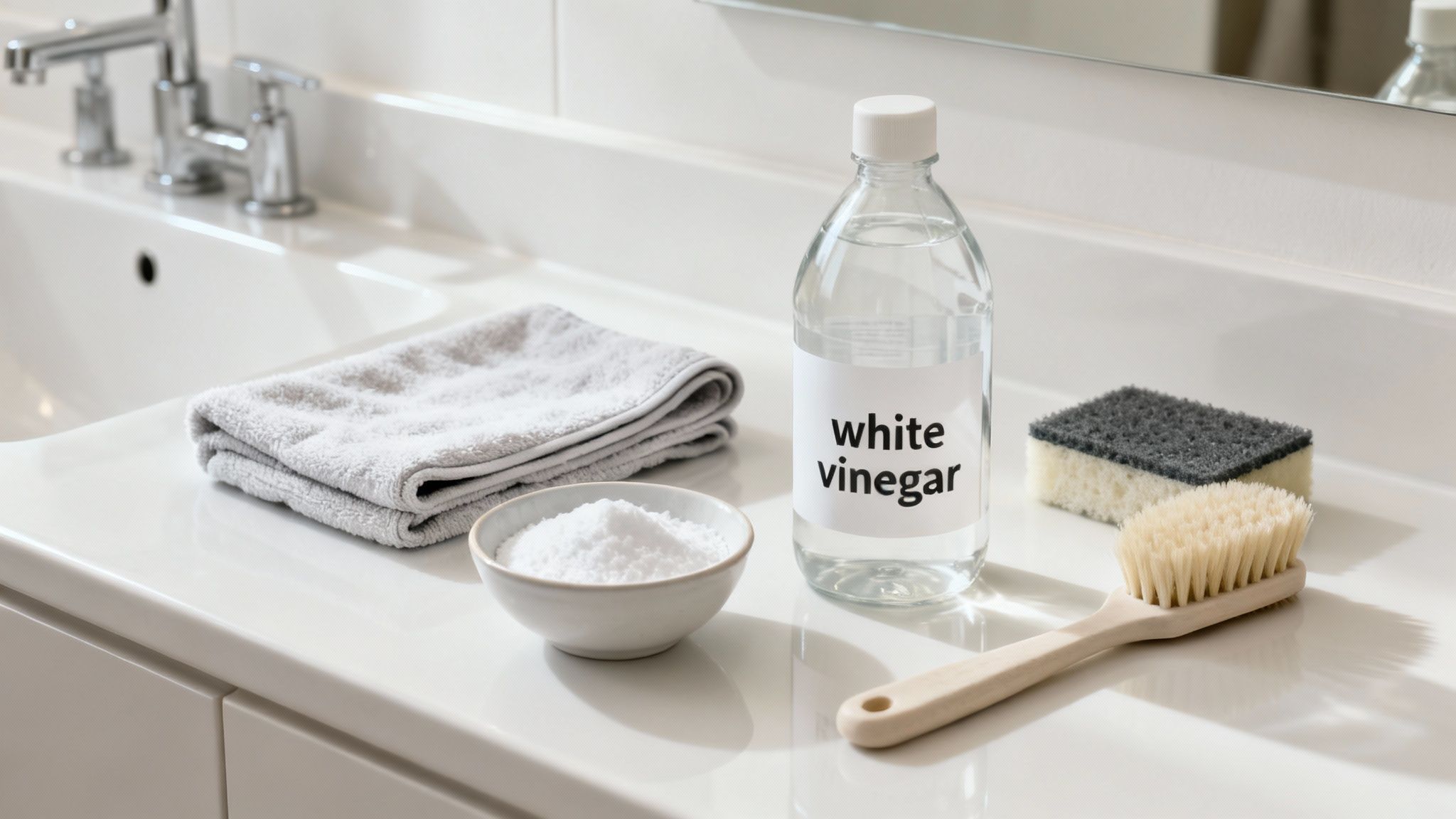 Natural cleaning supplies: white vinegar, baking soda, towel, brush, and sponge on a bathroom counter.