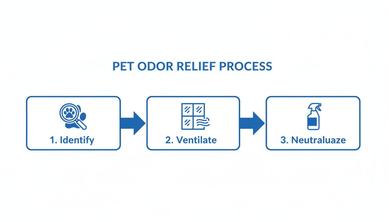 A three-step diagram showing the pet odor relief process: identify, ventilate, and neutralize.