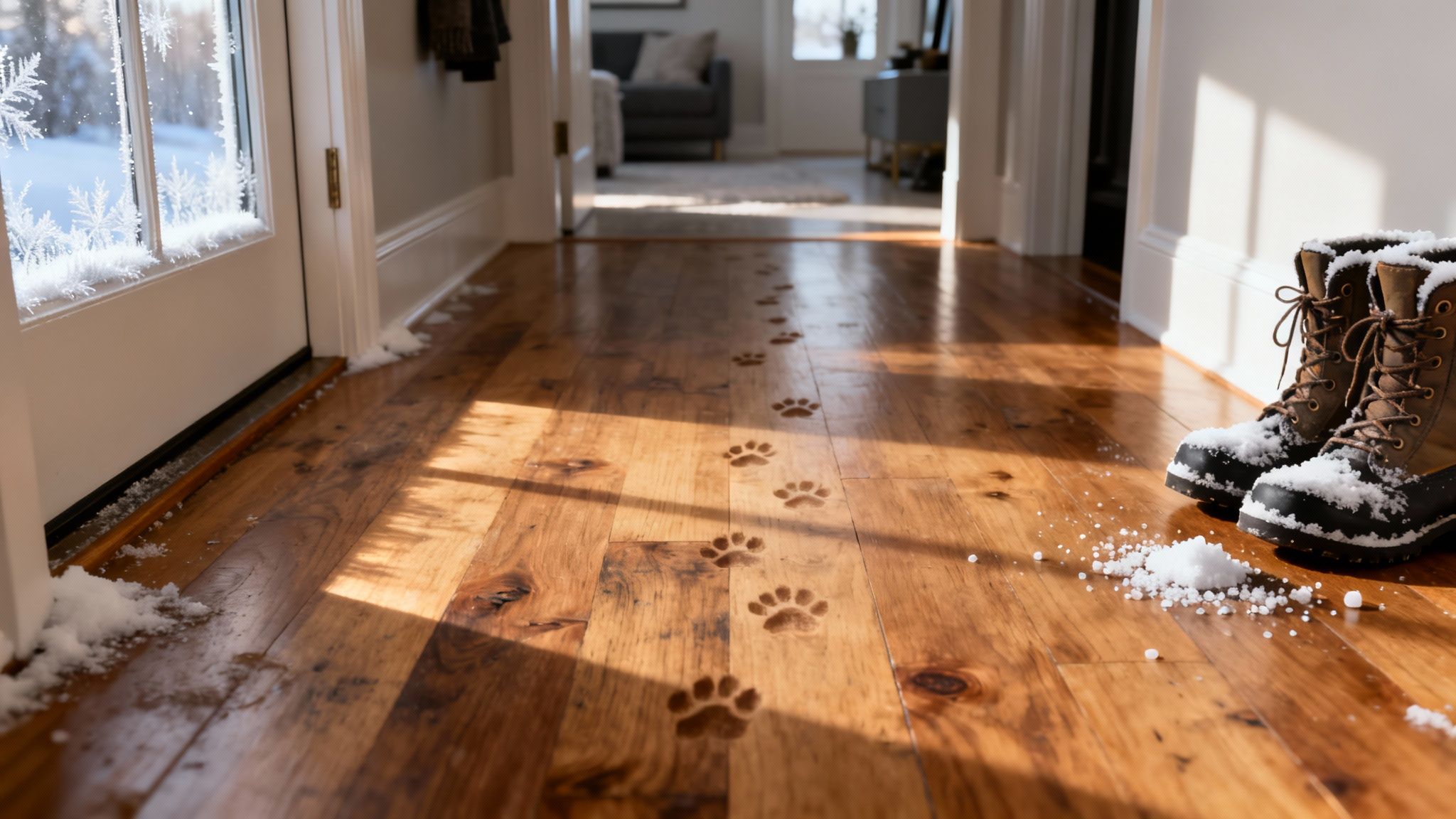 Paw prints and melted snow on a hardwood floor, leading from a frosty window to snow boots.