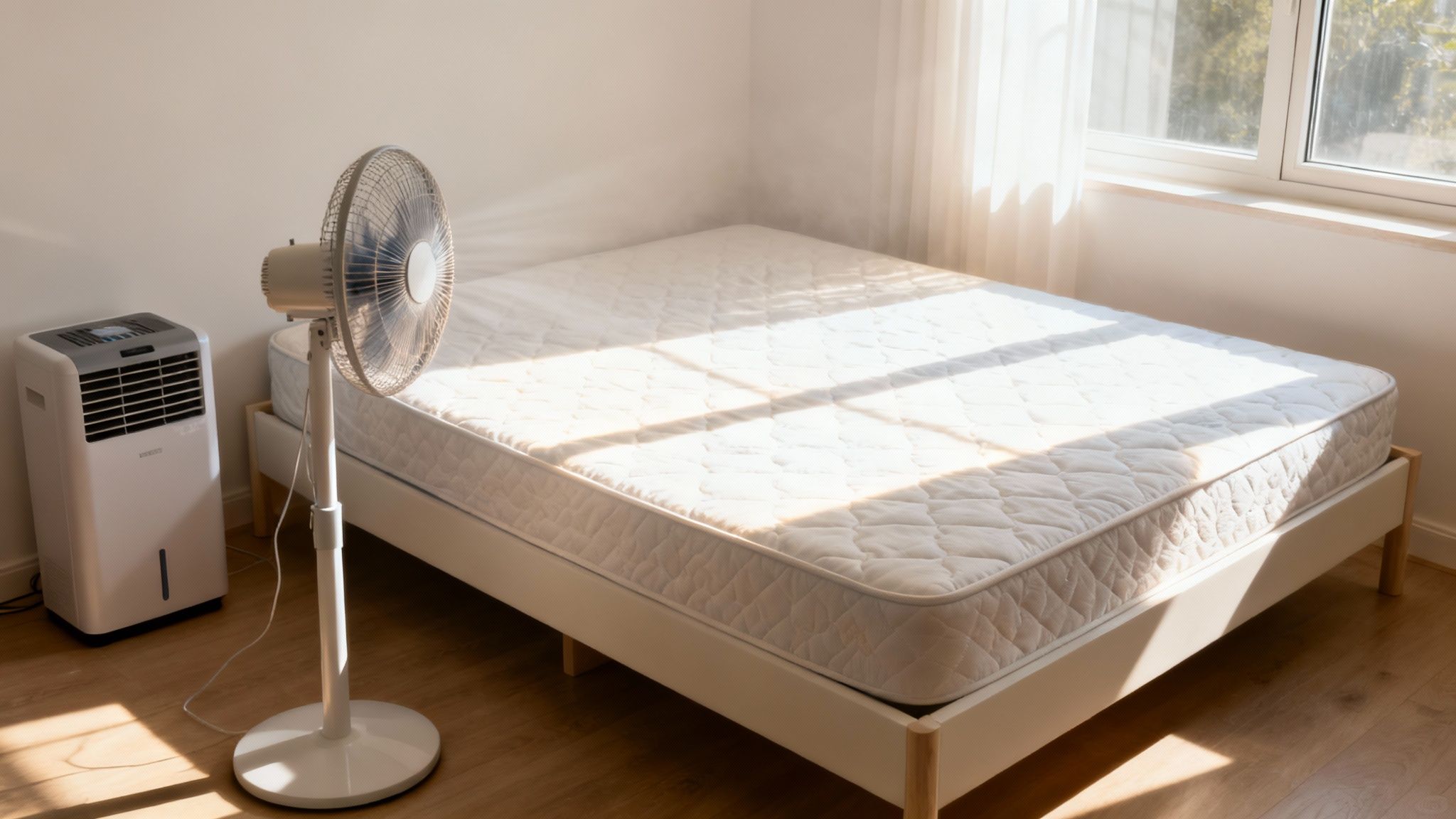 A sunlit room with a white mattress on a bed frame, a standing fan, and a portable air conditioner.