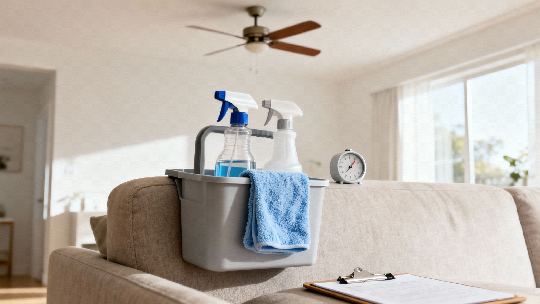 A cleaning caddy with spray bottles and a blue towel sits on a sofa in a bright living room.