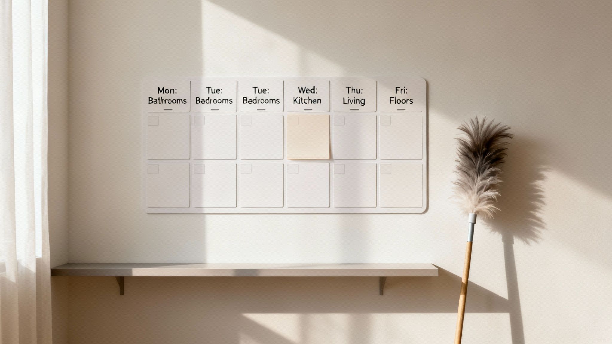 A daily cleaning checklist board on a wall with a feather duster and shelf.