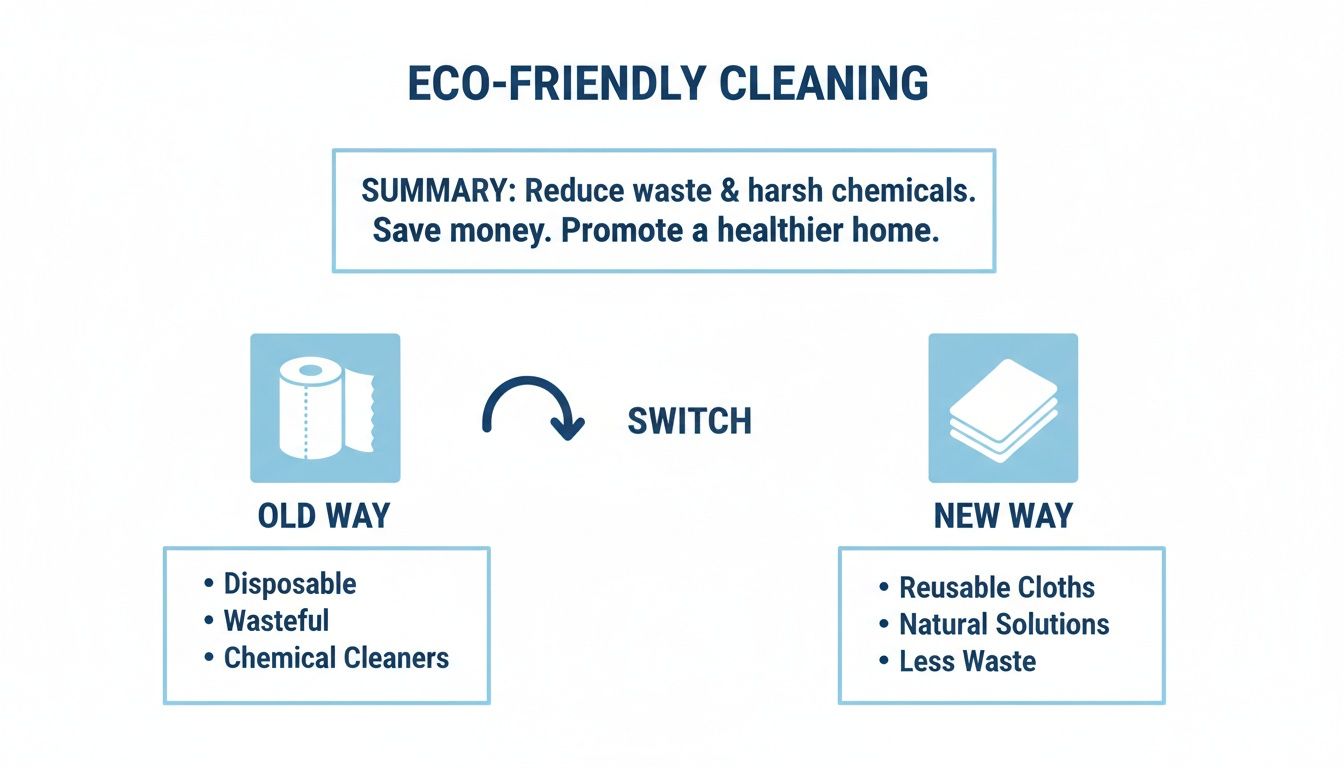 An infographic comparing old wasteful cleaning methods with new eco-friendly solutions like reusable cloths.