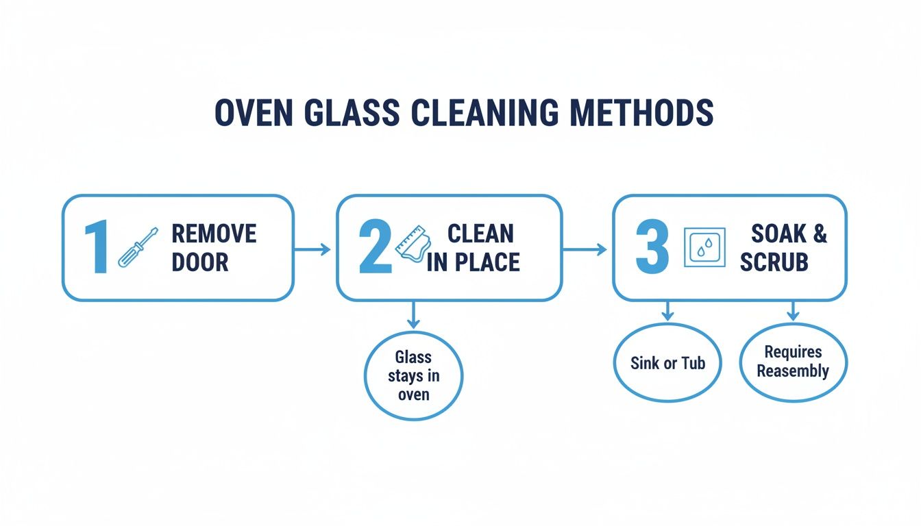 Diagram illustrating three methods for cleaning oven glass: removing the door, cleaning in place, or soaking and scrubbing.
