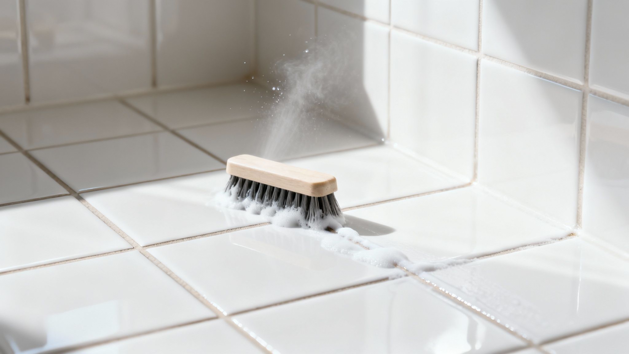 A wooden cleaning brush with black bristles moves across white tiles, leaving a trail of foam and spray.