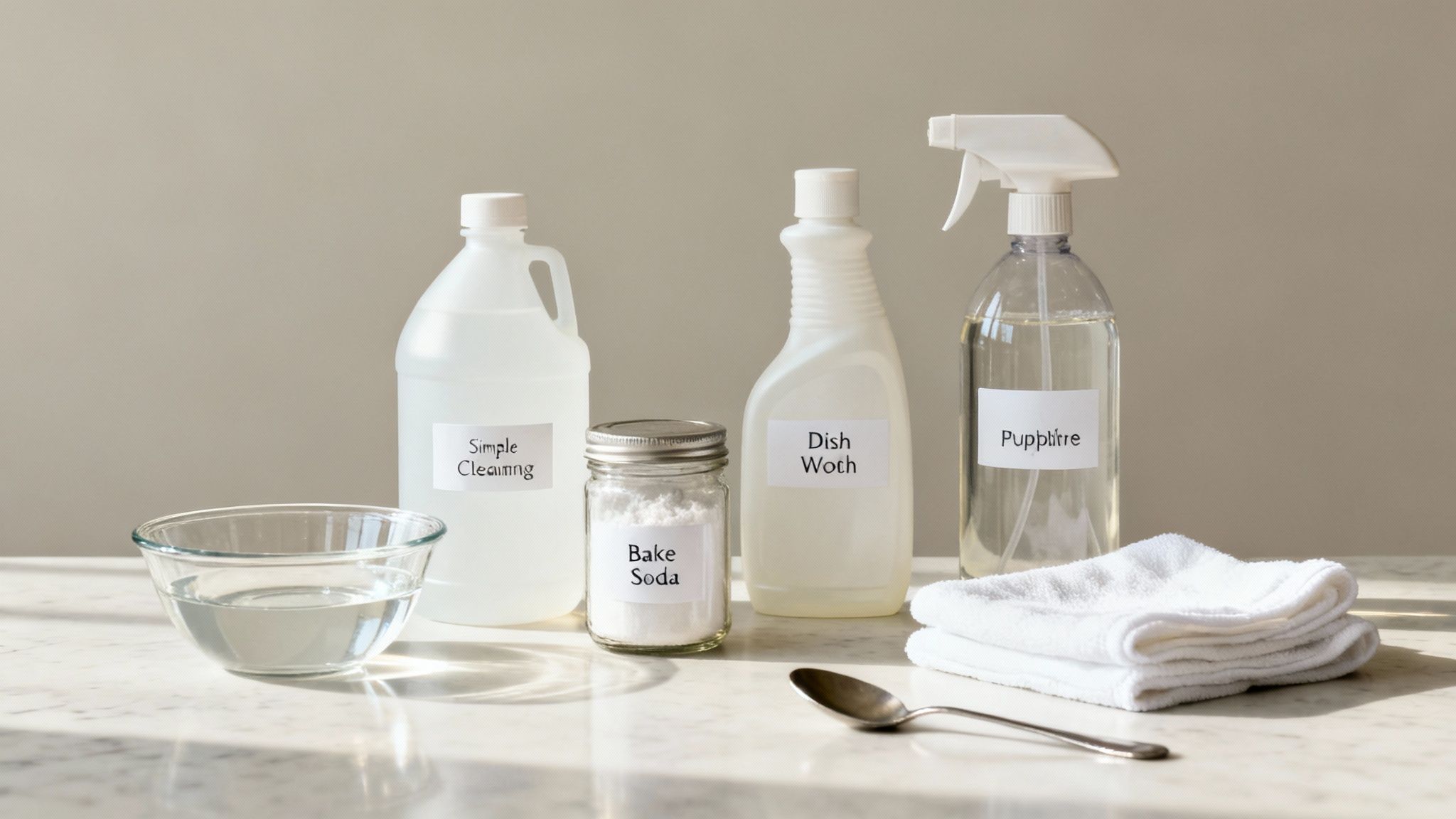Various cleaning supplies: a jug, baking soda, liquid dish soap, a spray bottle, a bowl of water, and cloths.