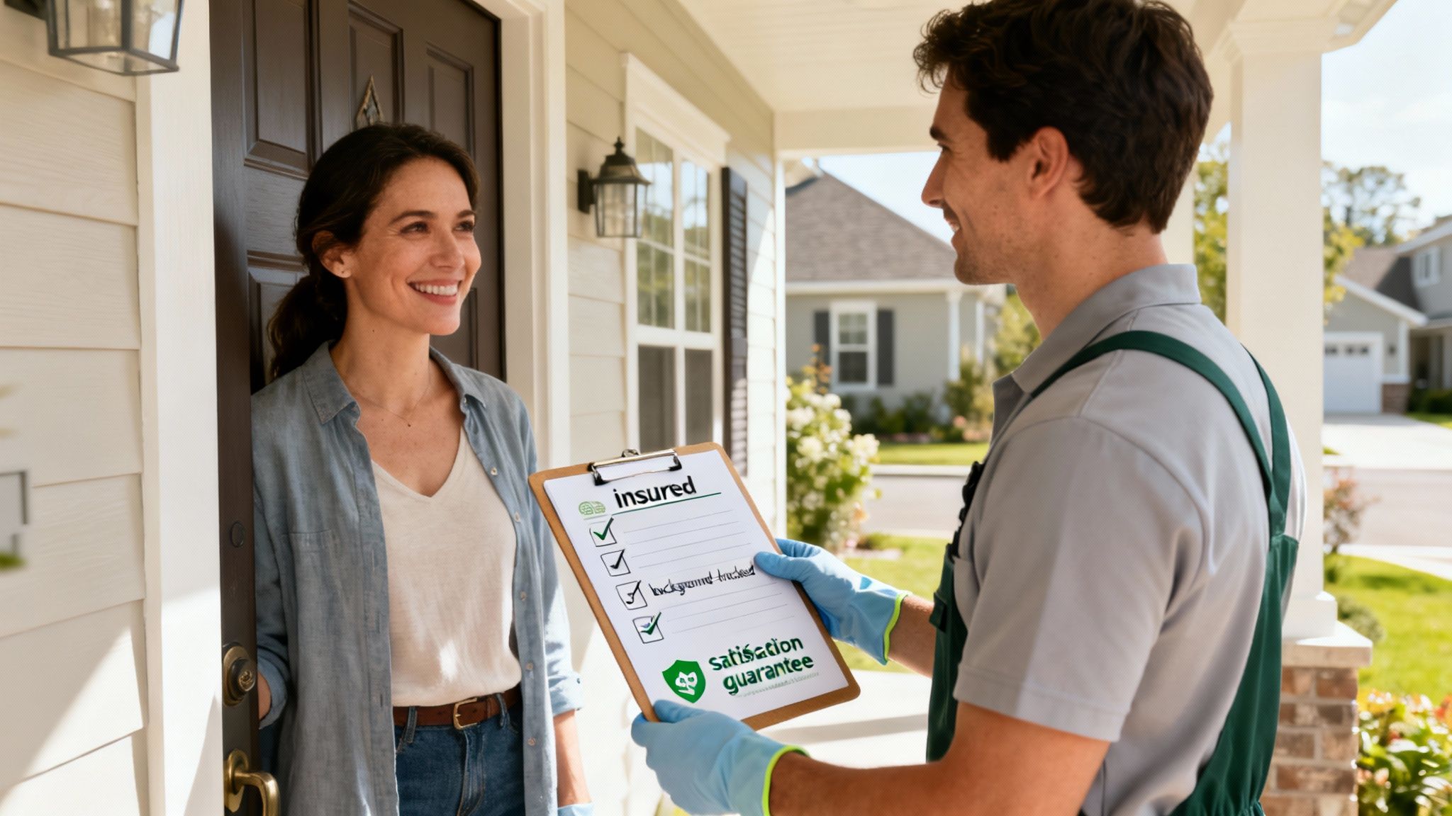 A smiling woman greets a service professional holding a 'satisfaction guarantee' clipboard at her home.