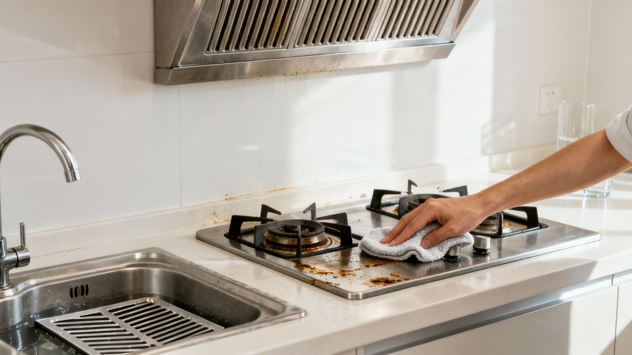 A person's hand wiping a very dirty kitchen stovetop with a cloth, showing grease stains.