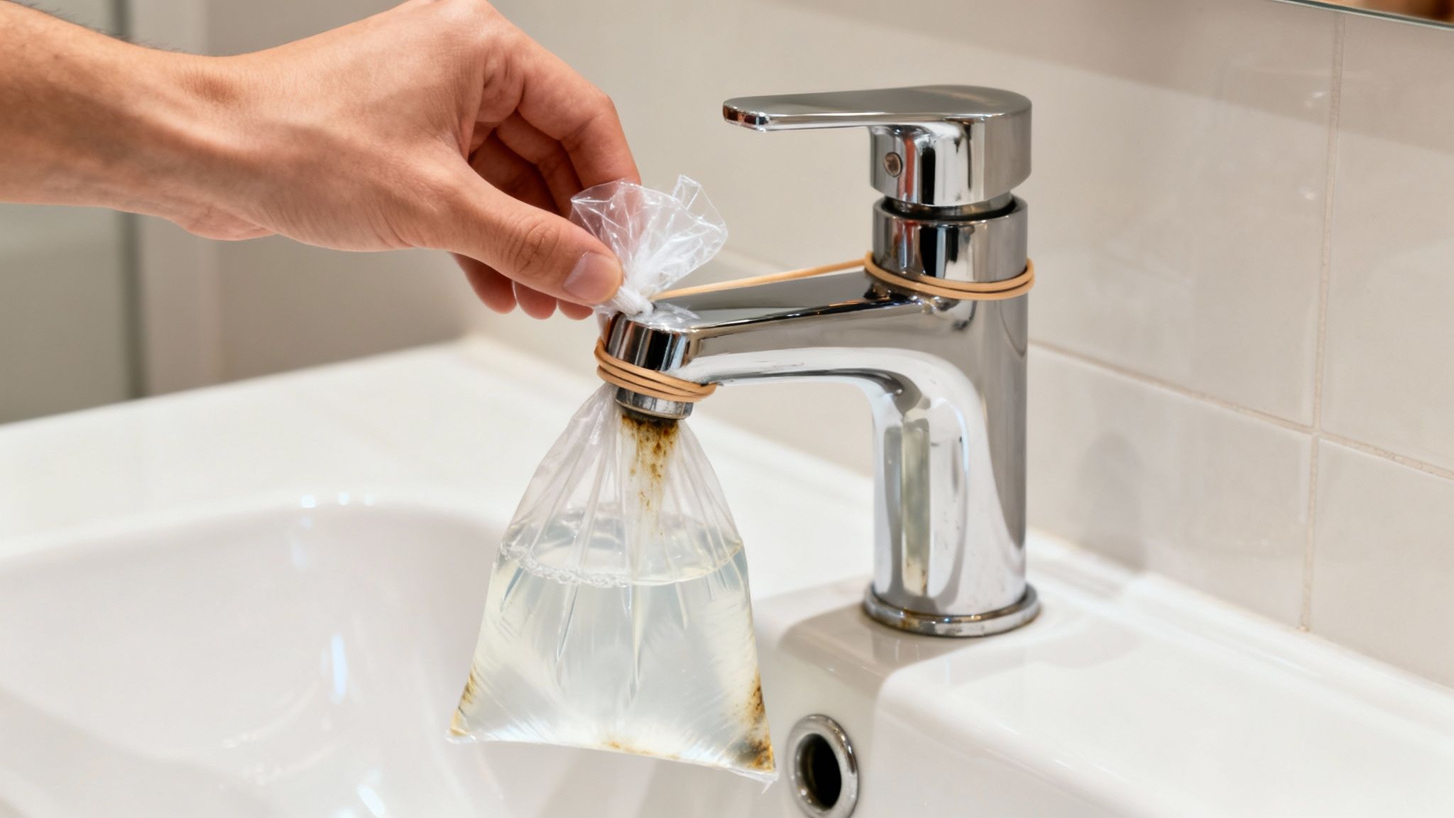A hand ties a plastic bag with liquid around a chrome faucet spout to remove hard water stains.