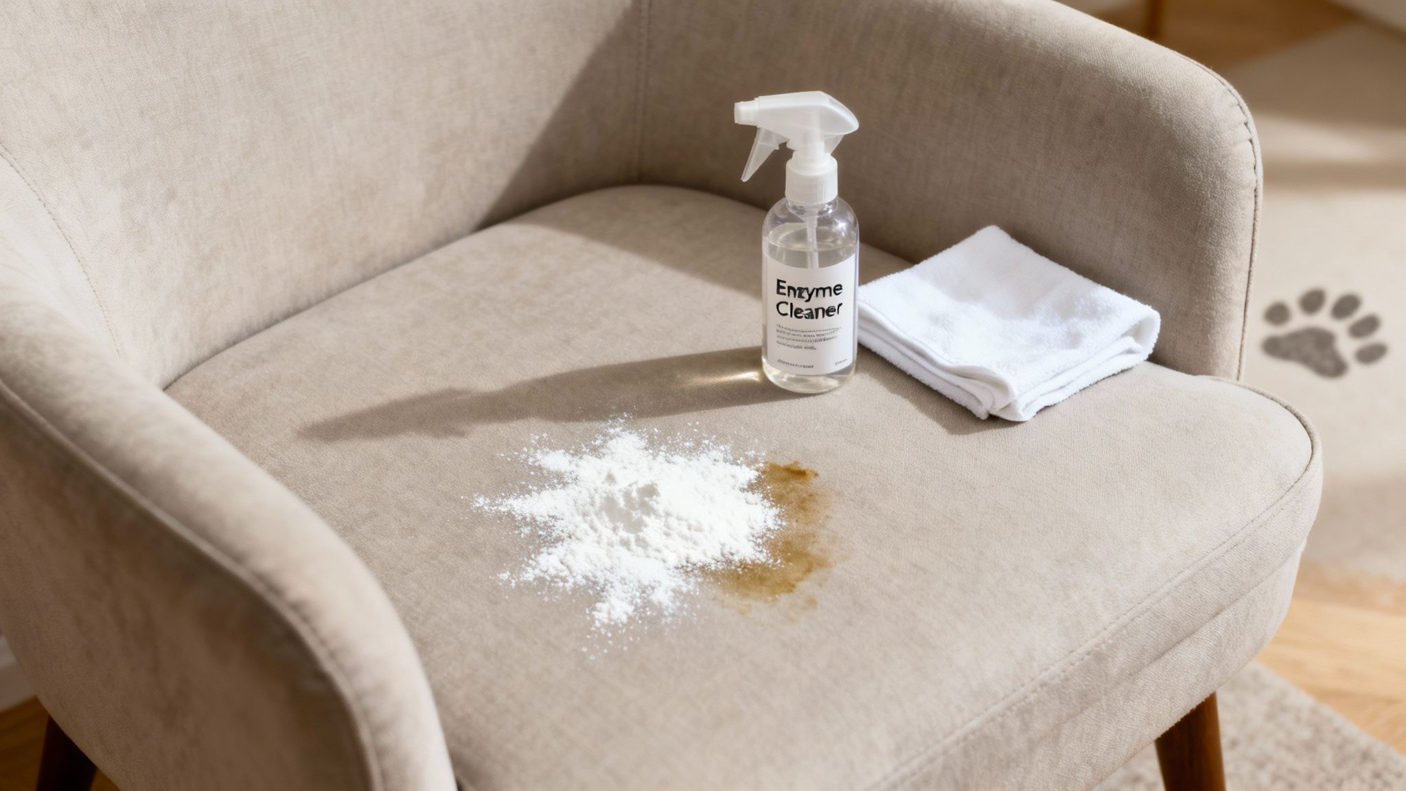 Enzyme cleaner, white powder, and a towel on an upholstered chair with a brown stain.