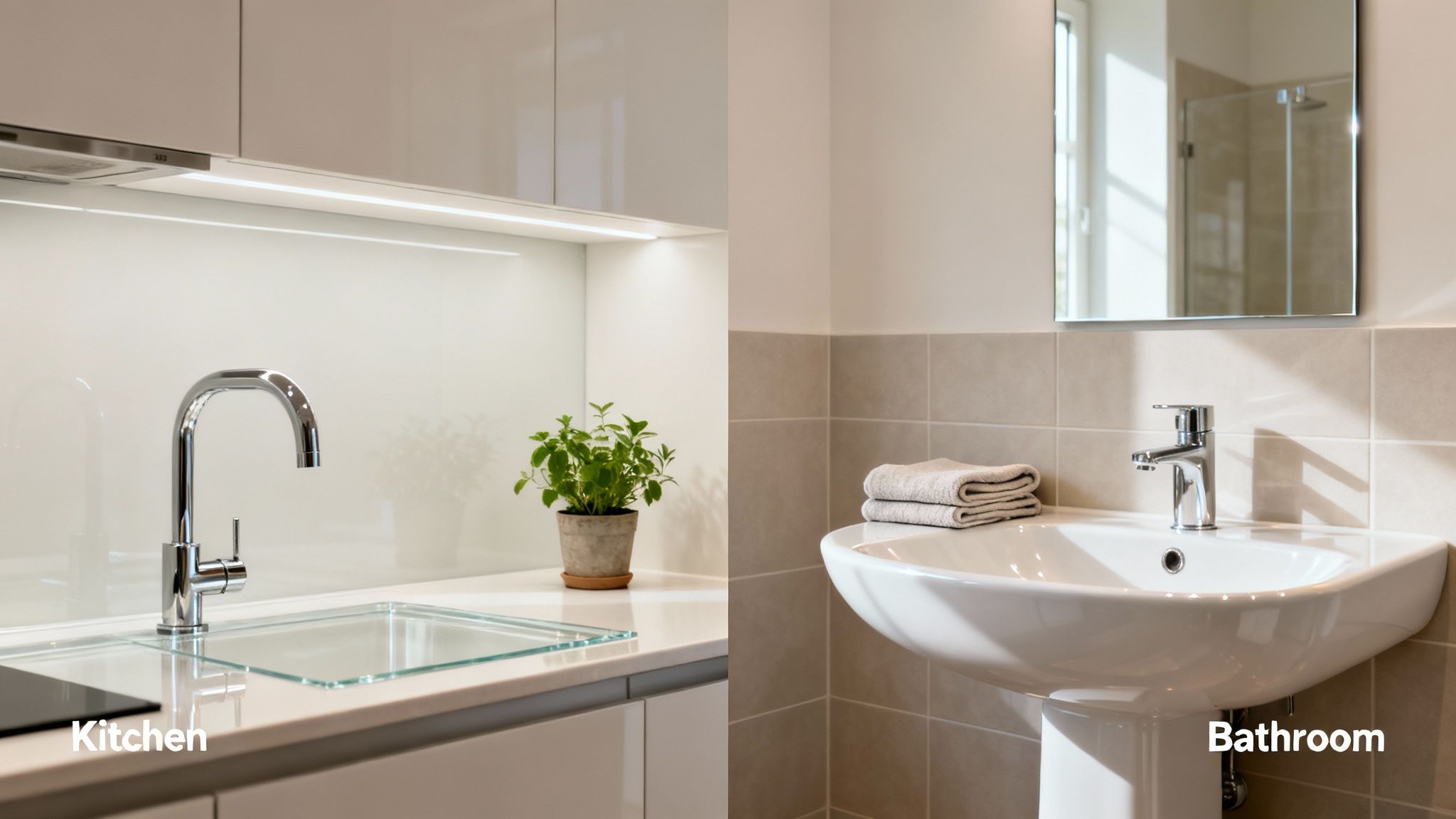A split image showing a modern kitchen area with a faucet and potted plant, and a modern bathroom with a sink, mirror, and towels.