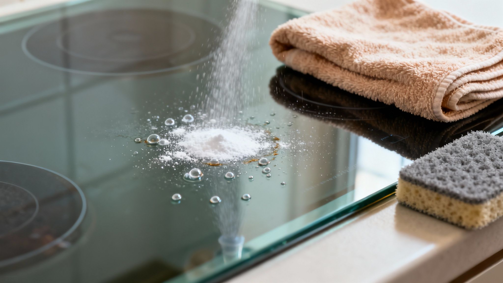 A person spraying vinegar on a glass stove top sprinkled with baking soda.