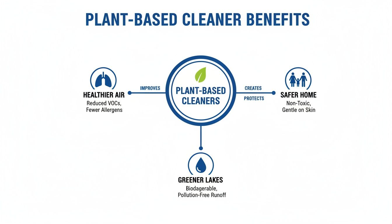 Infographic showing plant-based cleaner benefits for healthier air, safer homes, and greener lakes.