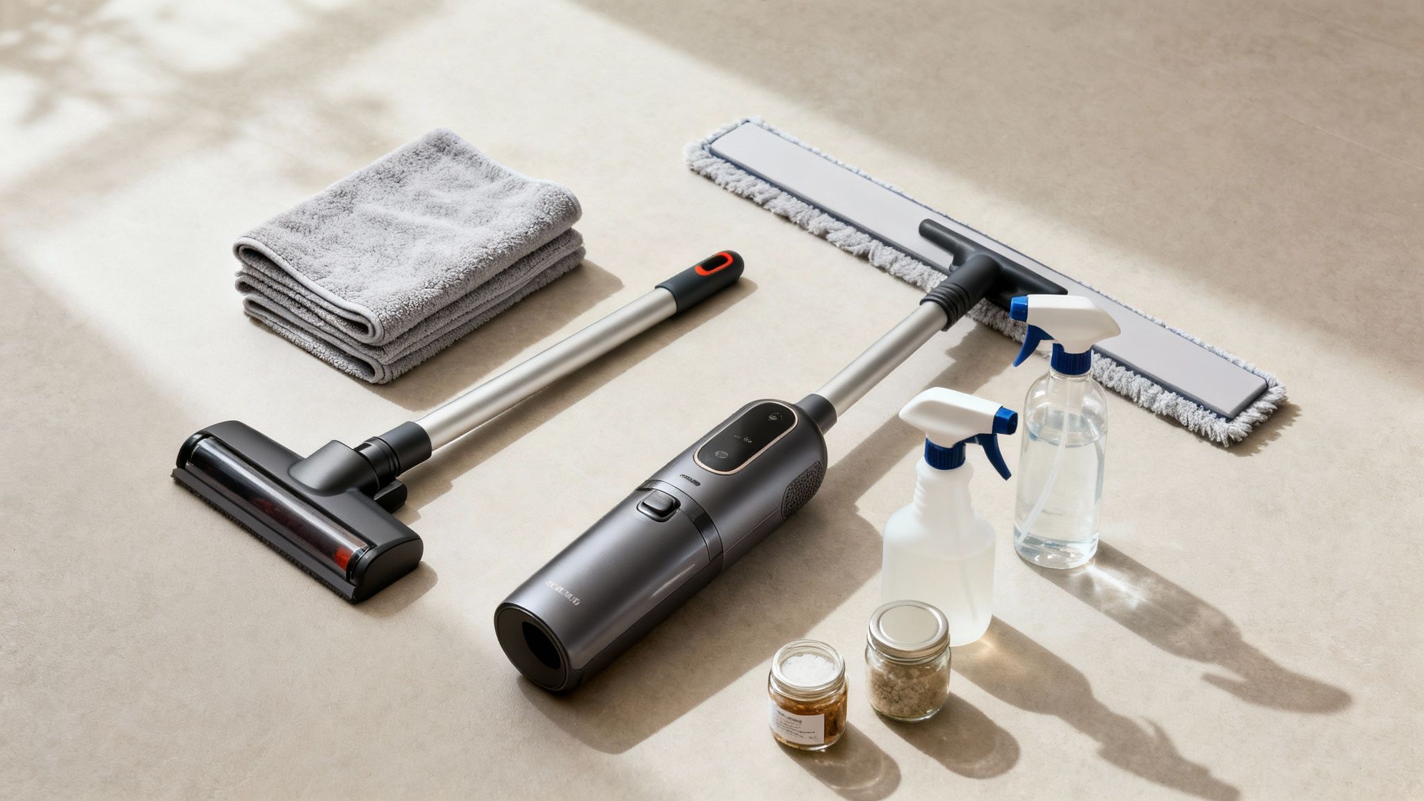 An array of modern cleaning tools and supplies, including a vacuum, mop, and towels.