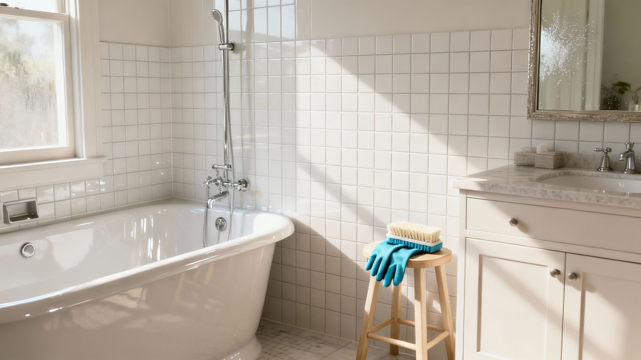 A bright, clean bathroom features a bathtub, vanity, and a stool with cleaning gloves and a brush.