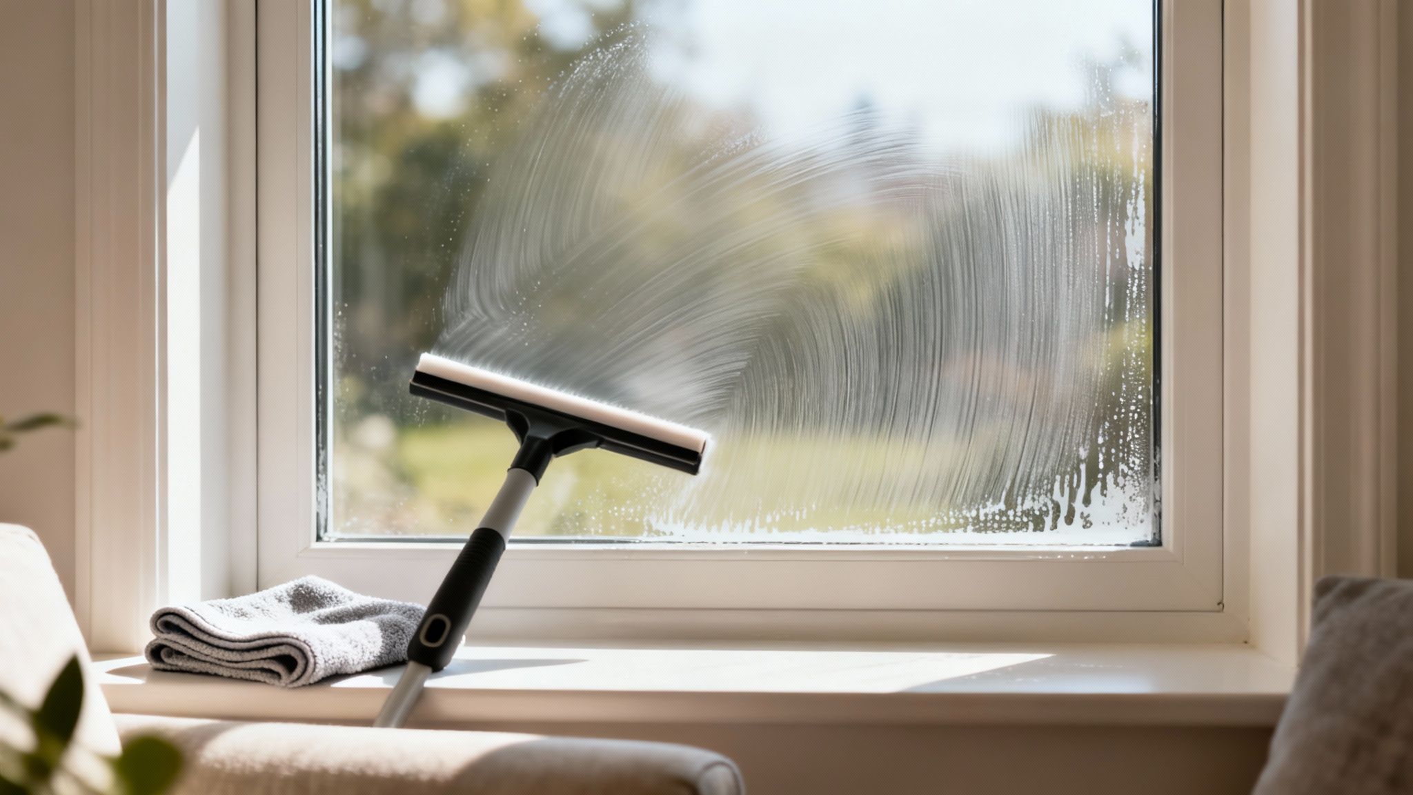 A person cleaning a window with a squeegee, creating soapy streaks, with a grey towel nearby.