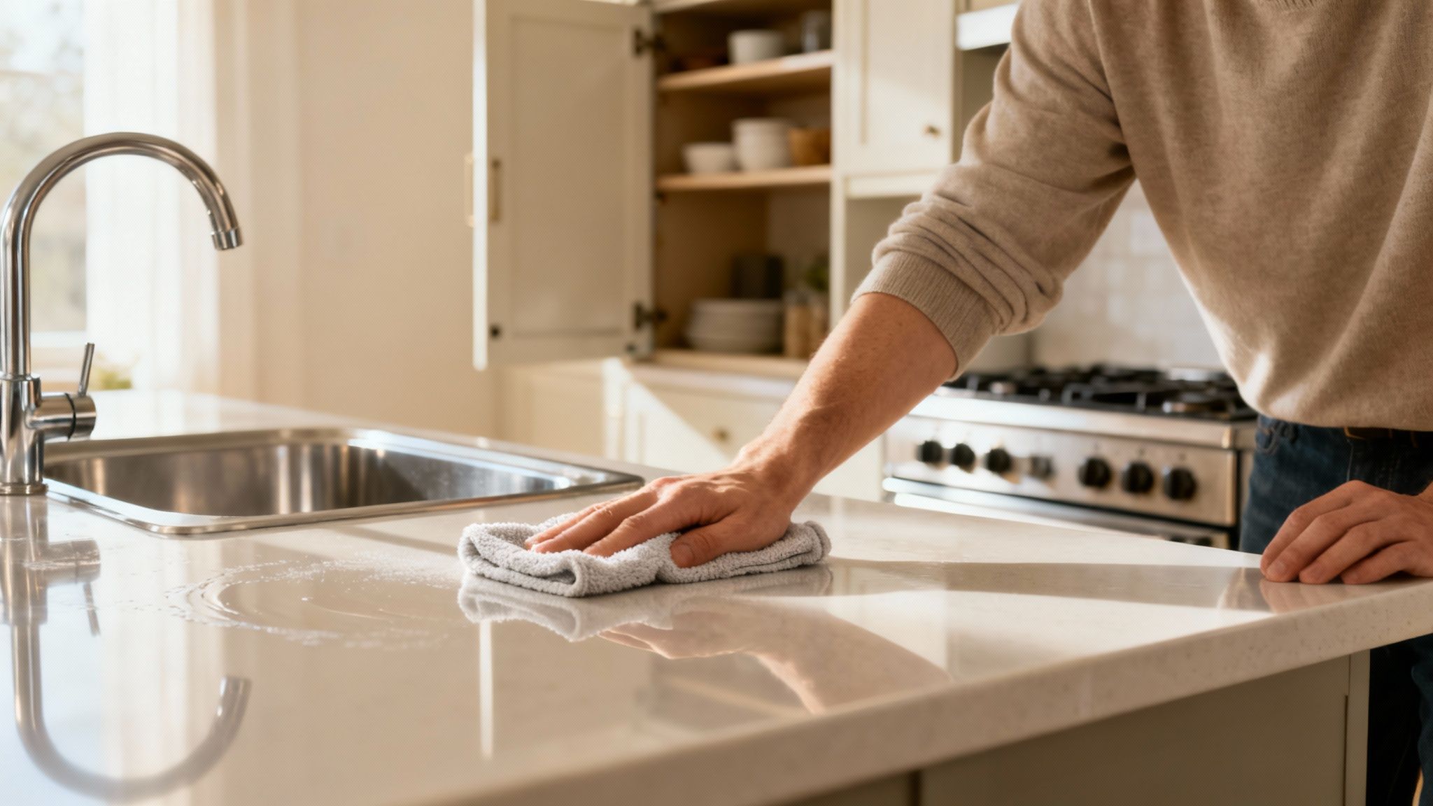 A person cleaning a light-colored kitchen countertop with a grey cloth near a sink.