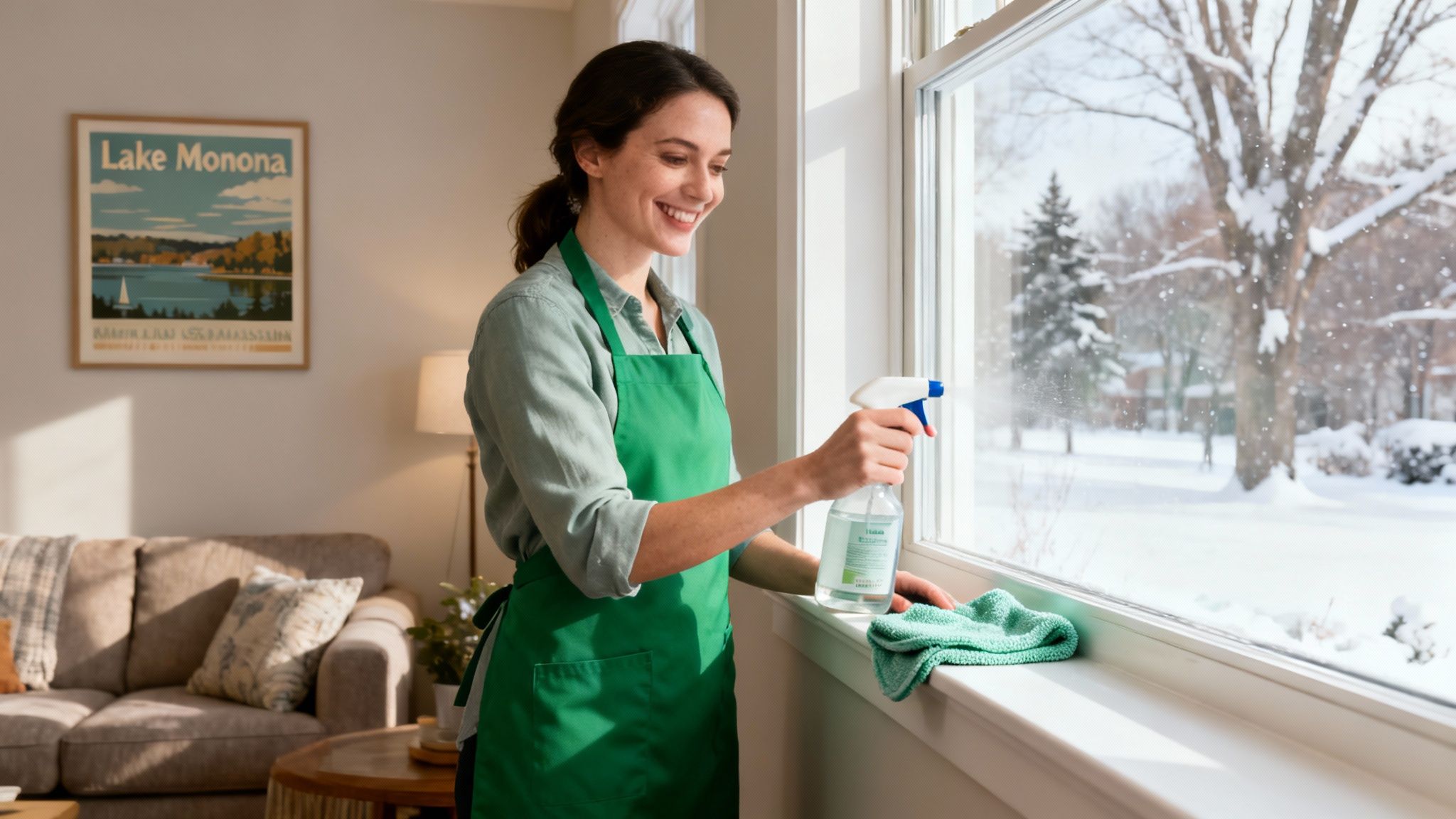 Smiling woman in a green apron uses an eco-friendly spray to clean a window during winter.