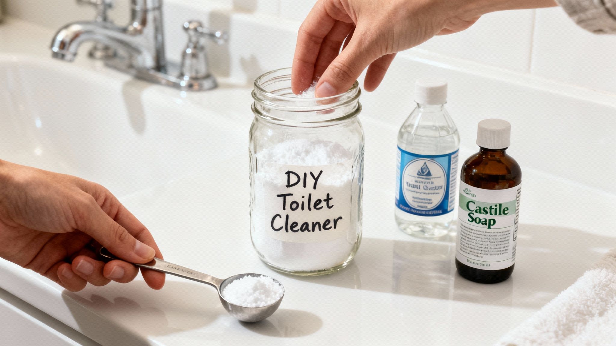 Hands preparing a DIY toilet cleaner by adding white powder to a labeled jar, with vinegar and castile soap bottles on a counter.