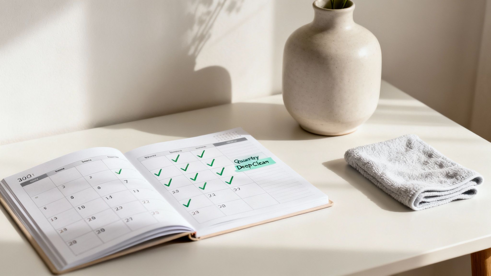 An open planner showing 'Quarterly Deep Clean' highlighted with checkmarks, a vase, and a towel.
