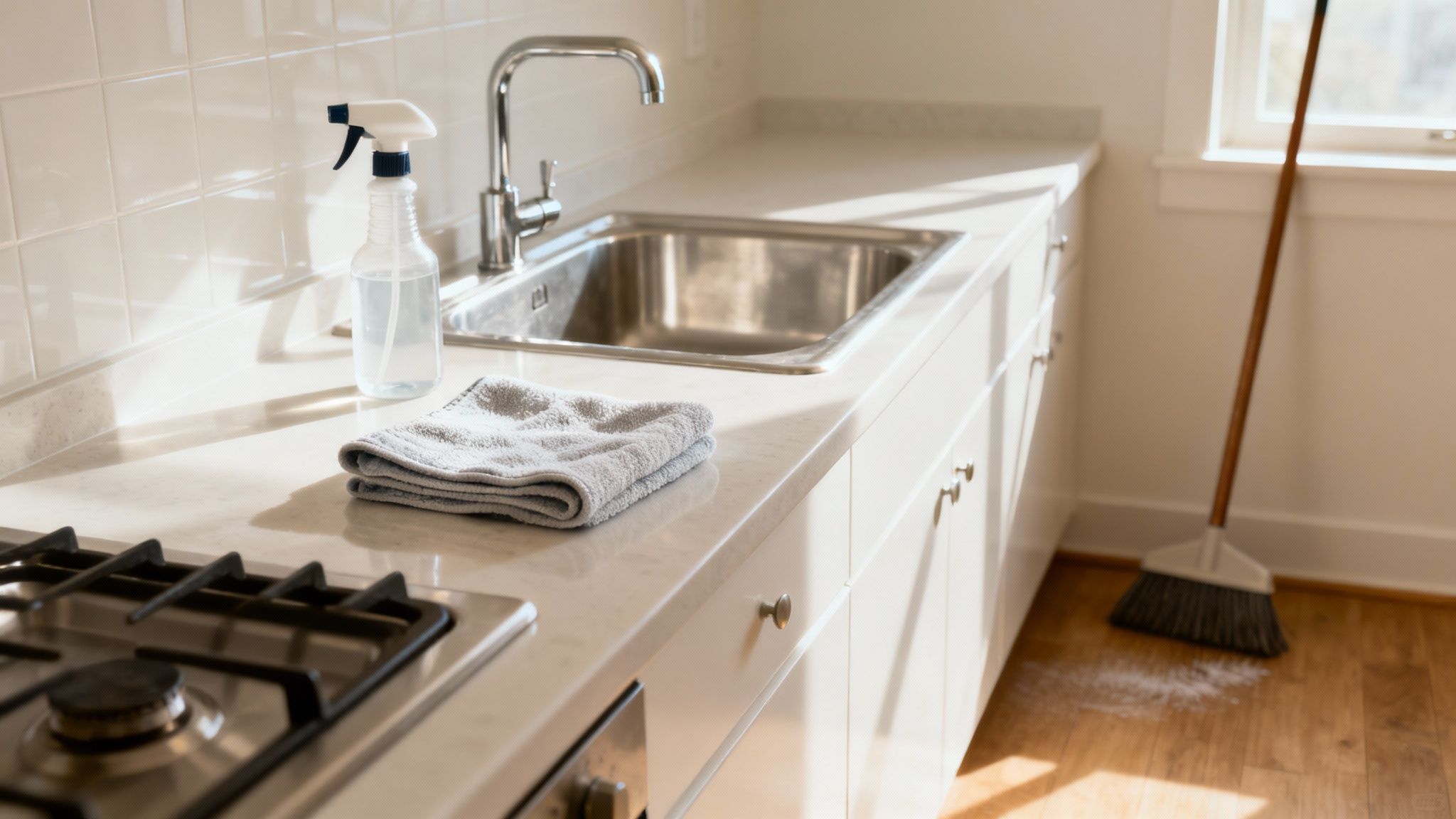 Woman smiling while cleaning a kitchen counter
