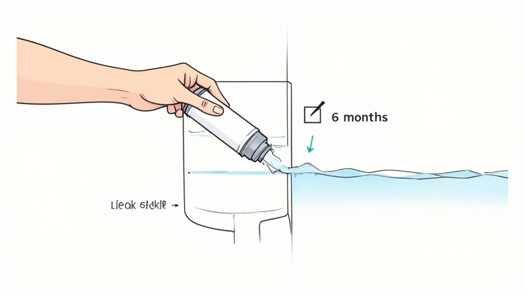 A person replacing a refrigerator water filter cartridge.
