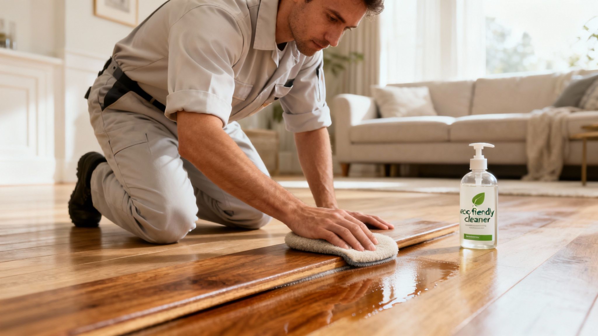 Man in uniform cleaning a wooden floor with an eco-friendly cleaner and sponge.