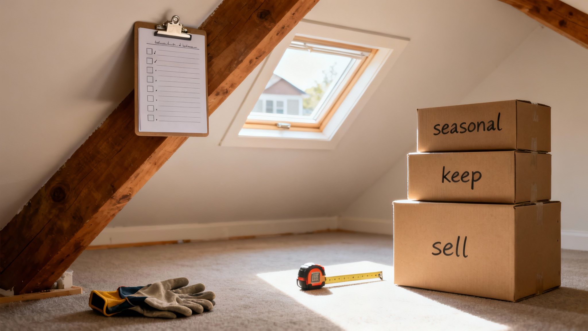 Attic space with decluttering boxes, a checklist on a beam, and work gloves on the floor.