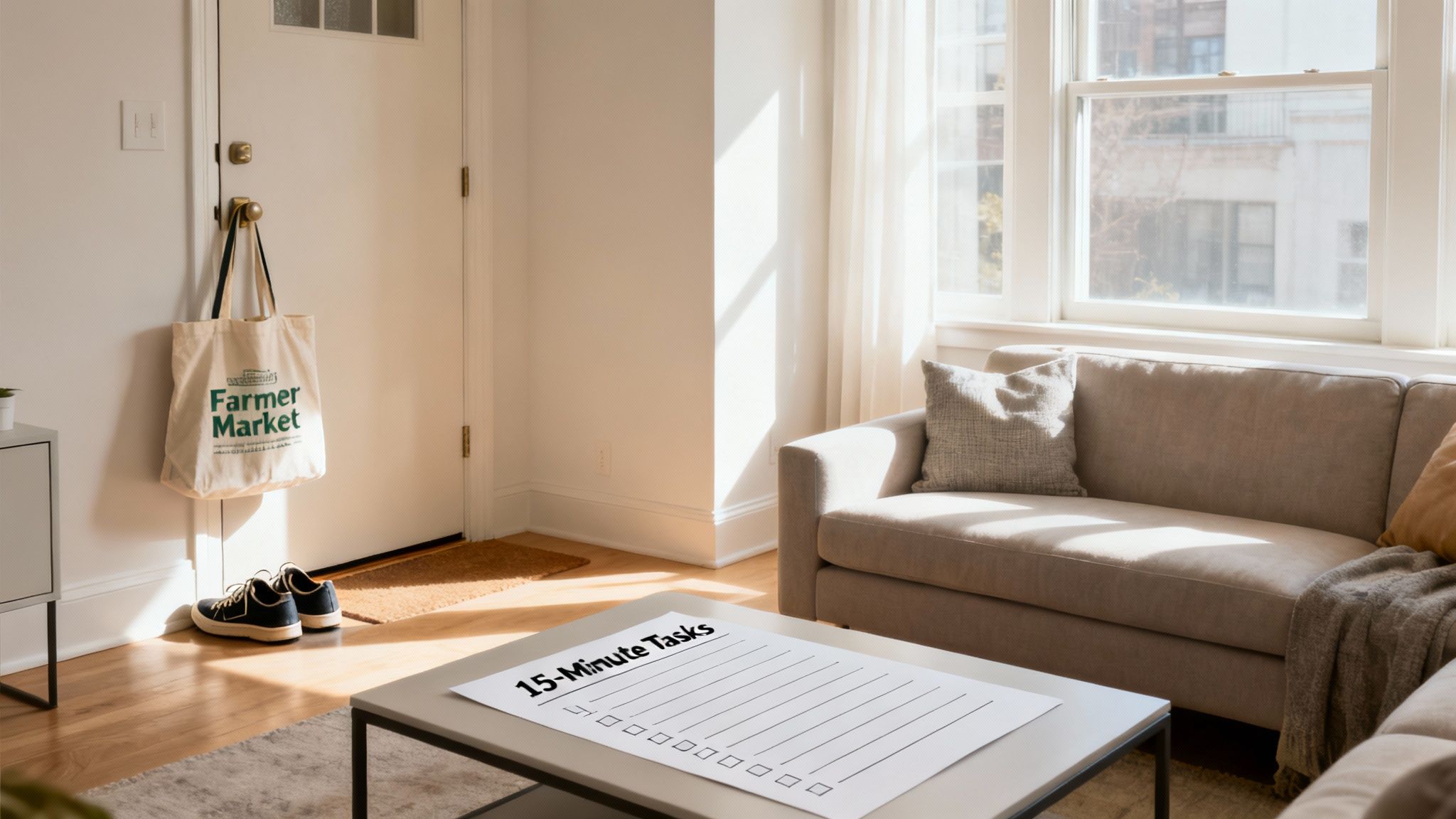 Sunny living room with a couch, entryway, and a '15-Minute Tasks' checklist for productivity.
