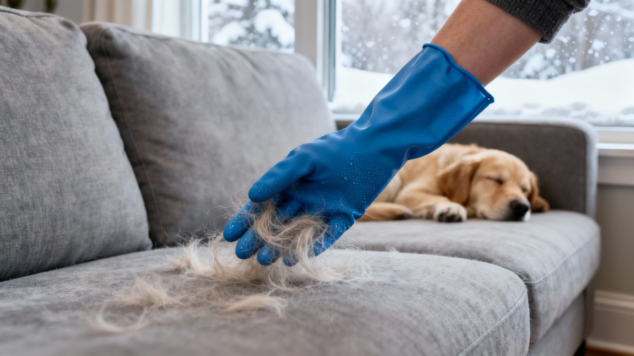 Person wearing blue rubber glove removing dog hair from gray couch cushion