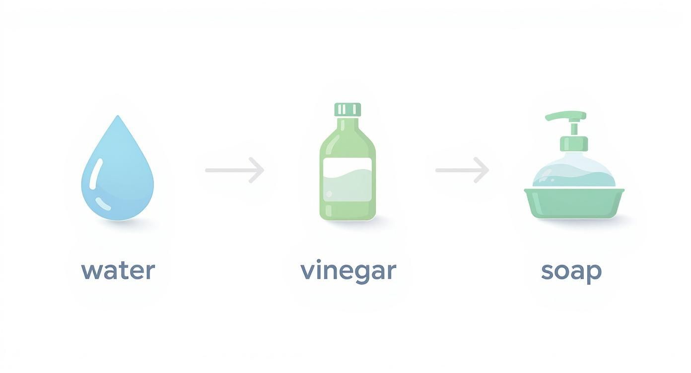 Three-step window cleaning process showing water, vinegar bottle, and soap dispenser with arrows