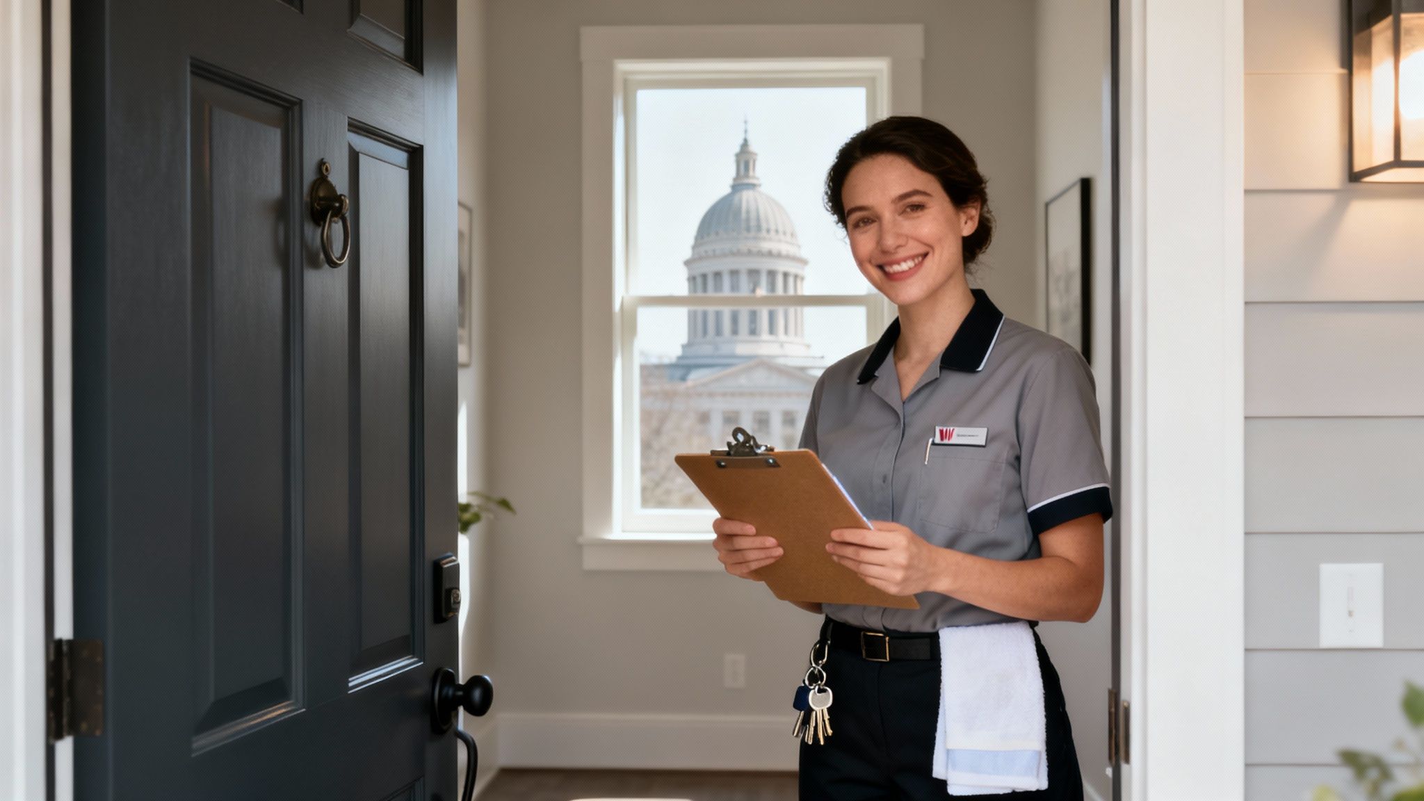 Professional housekeeper in uniform holding clipboard with keys at residential entrance