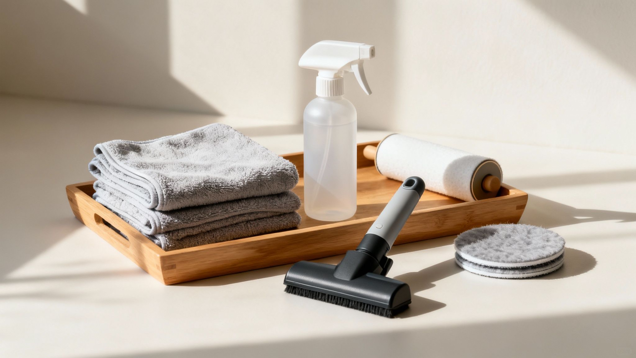 A collection of cleaning supplies including a yellow bucket, sponges, spray bottles, and rubber gloves.