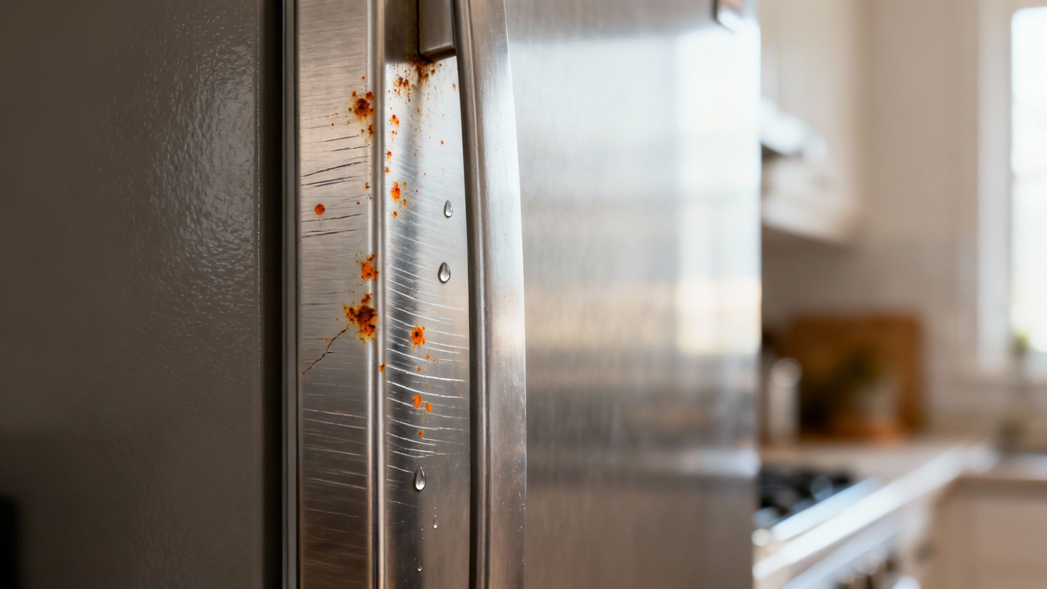 Close-up of a stainless steel refrigerator door covered in rust spots, scratches, and water droplets.