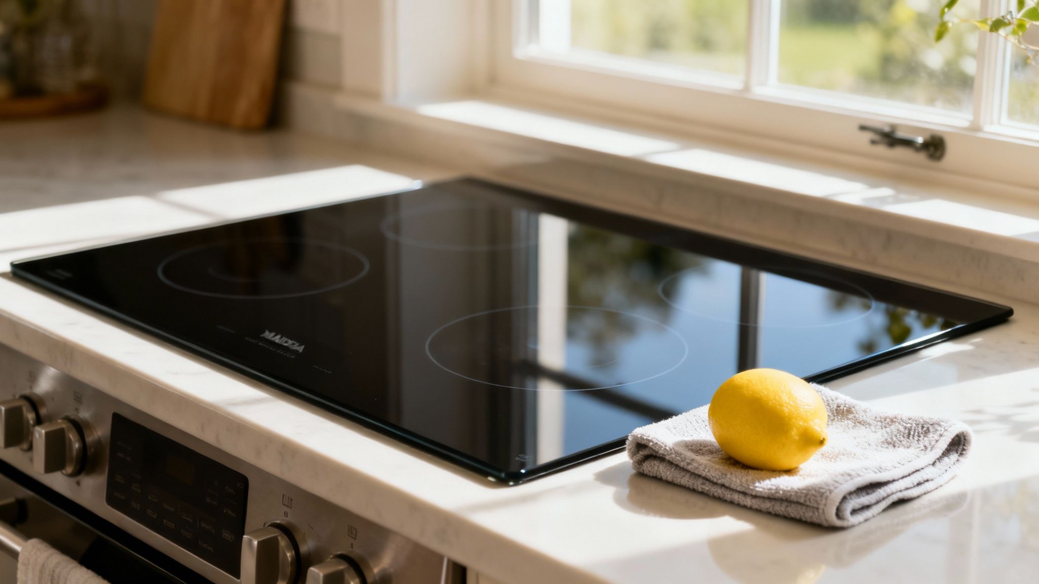 A clean, sparkling glass stove top reflecting kitchen lights.