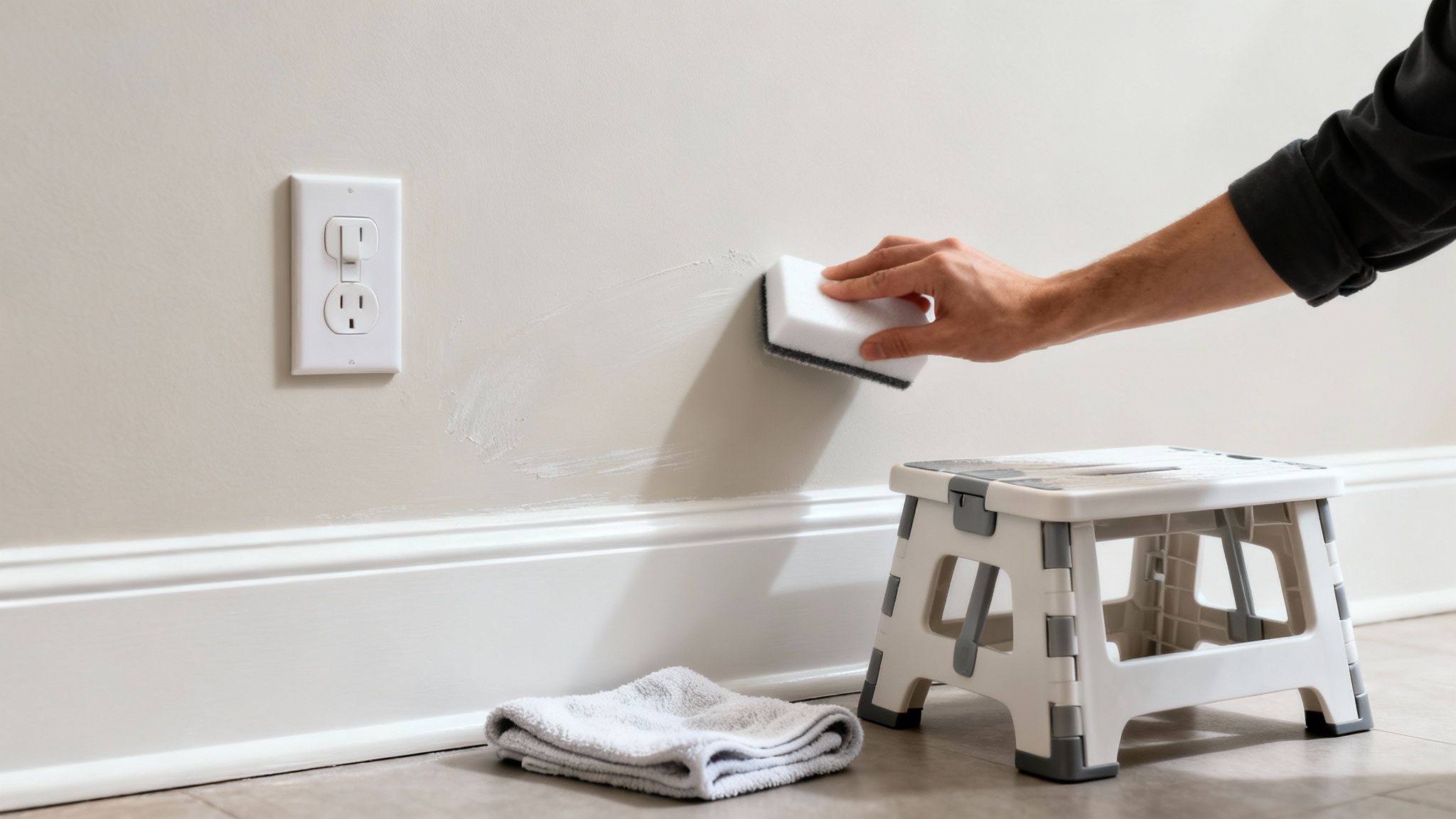 A person's hand scrubs a dirty wall with a sponge, with a step stool and towel.