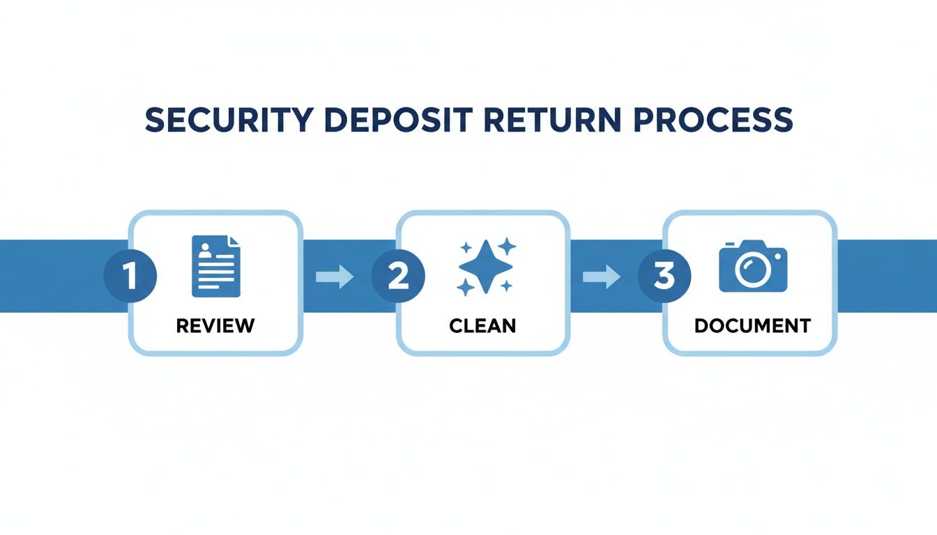 Infographic showing the 3-step security deposit return process: review, clean, and document.
