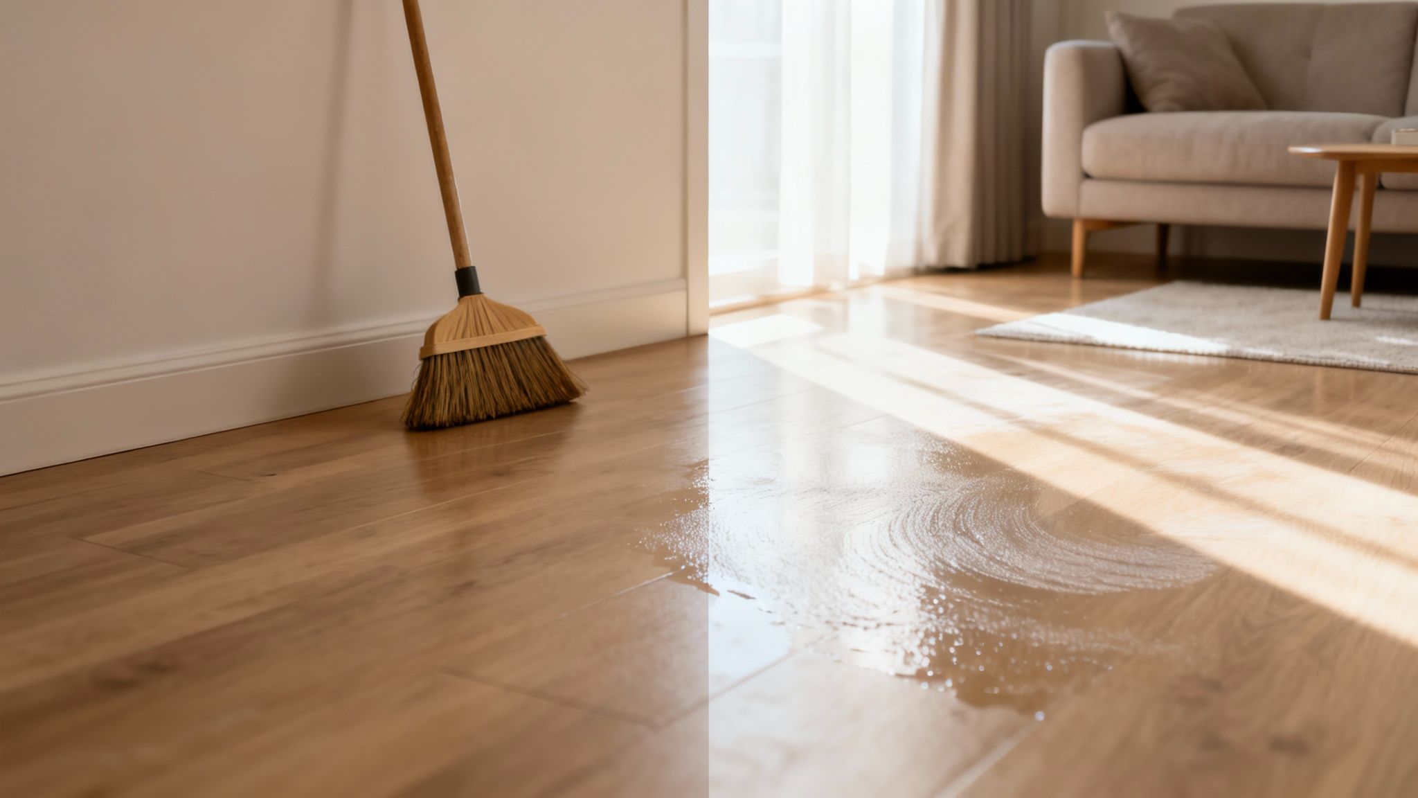 A broom near a wet, sticky wooden floor with sunlight and a blurred living room.