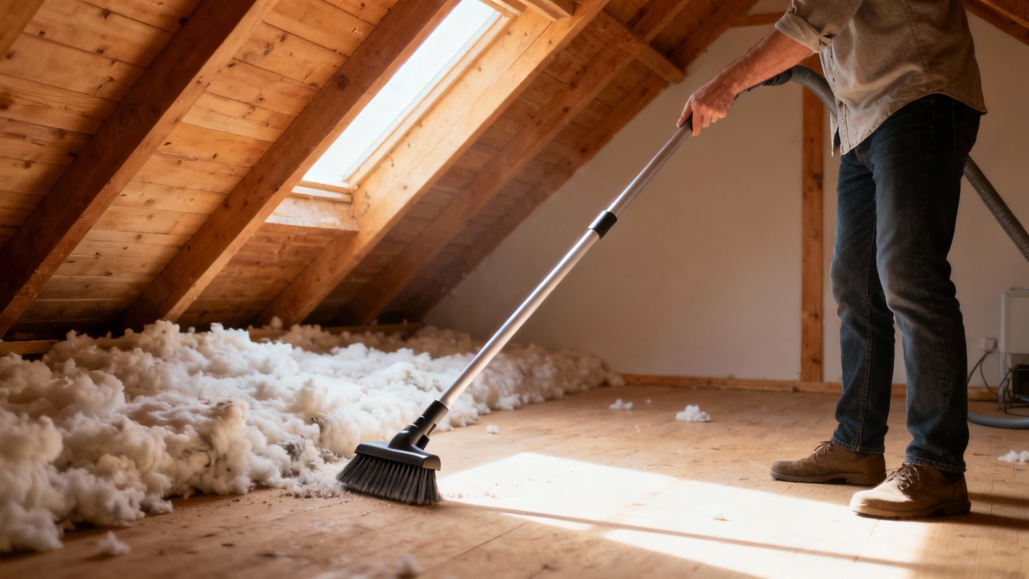 Man sweeping out old insulation from a sunlit wooden attic floor with a broom.