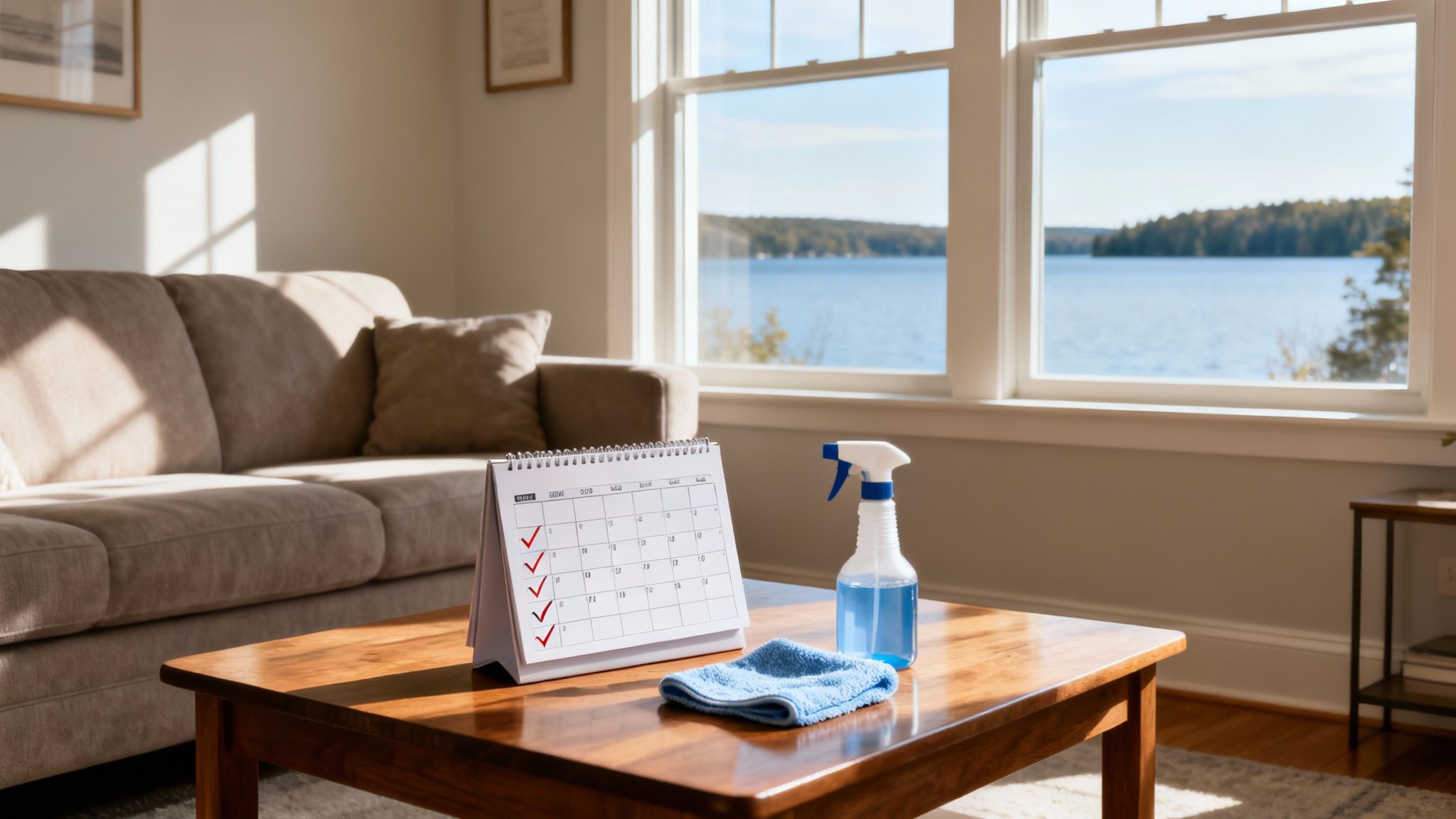A calendar with checked tasks, cleaning spray, and a cloth on a coffee table in a bright living room.
