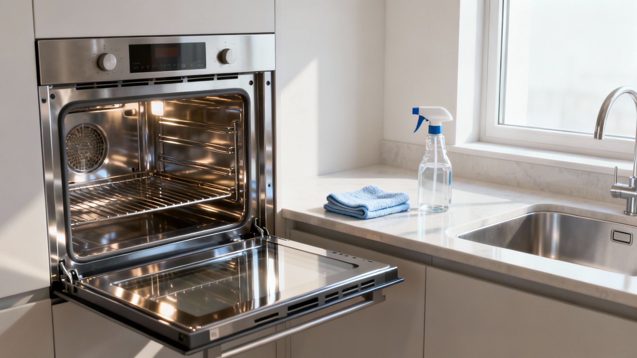 A clean, modern kitchen with an open oven, spray bottle, and cloth on the counter.