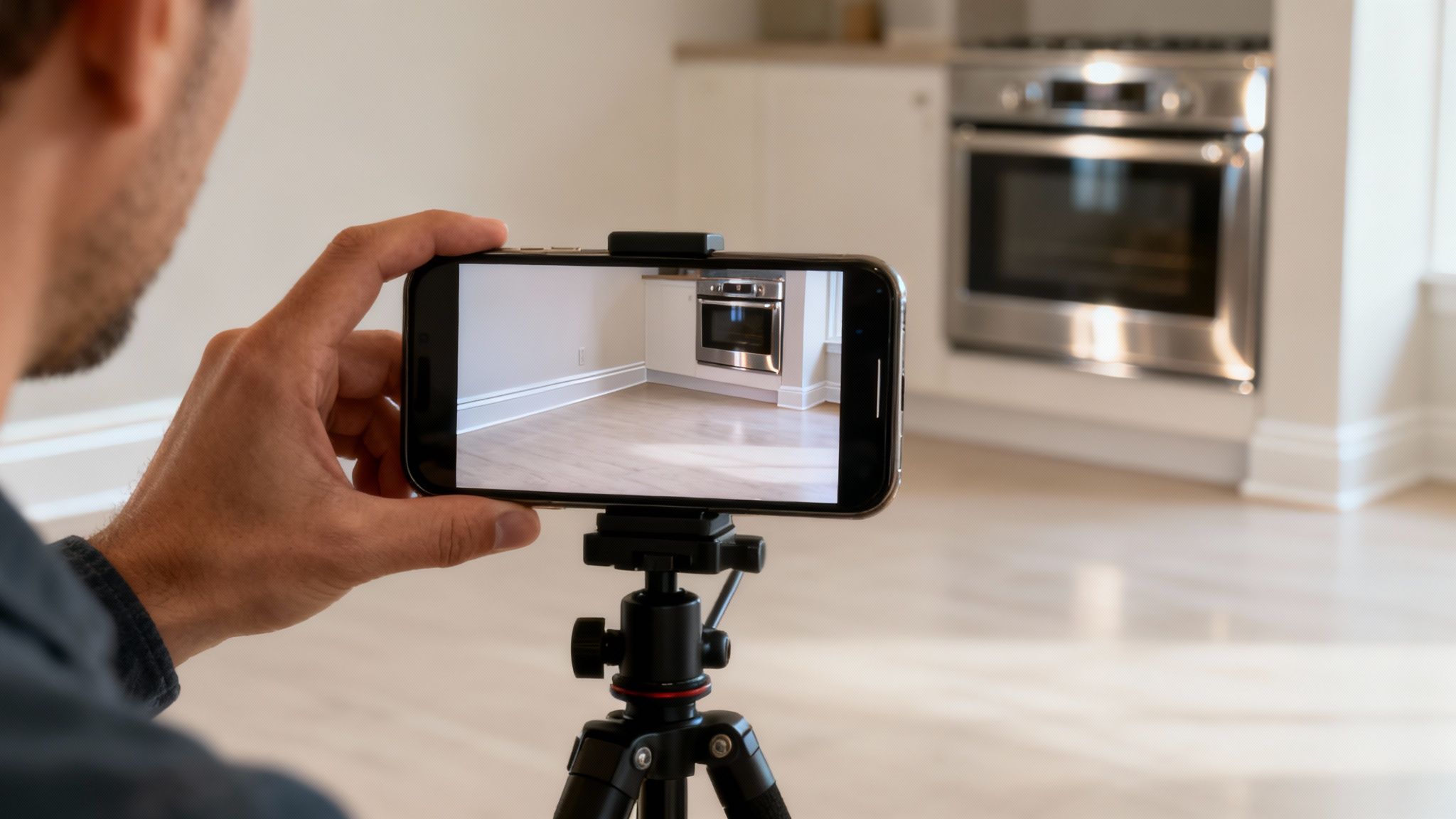A man uses a smartphone on a tripod to record a modern kitchen interior.
