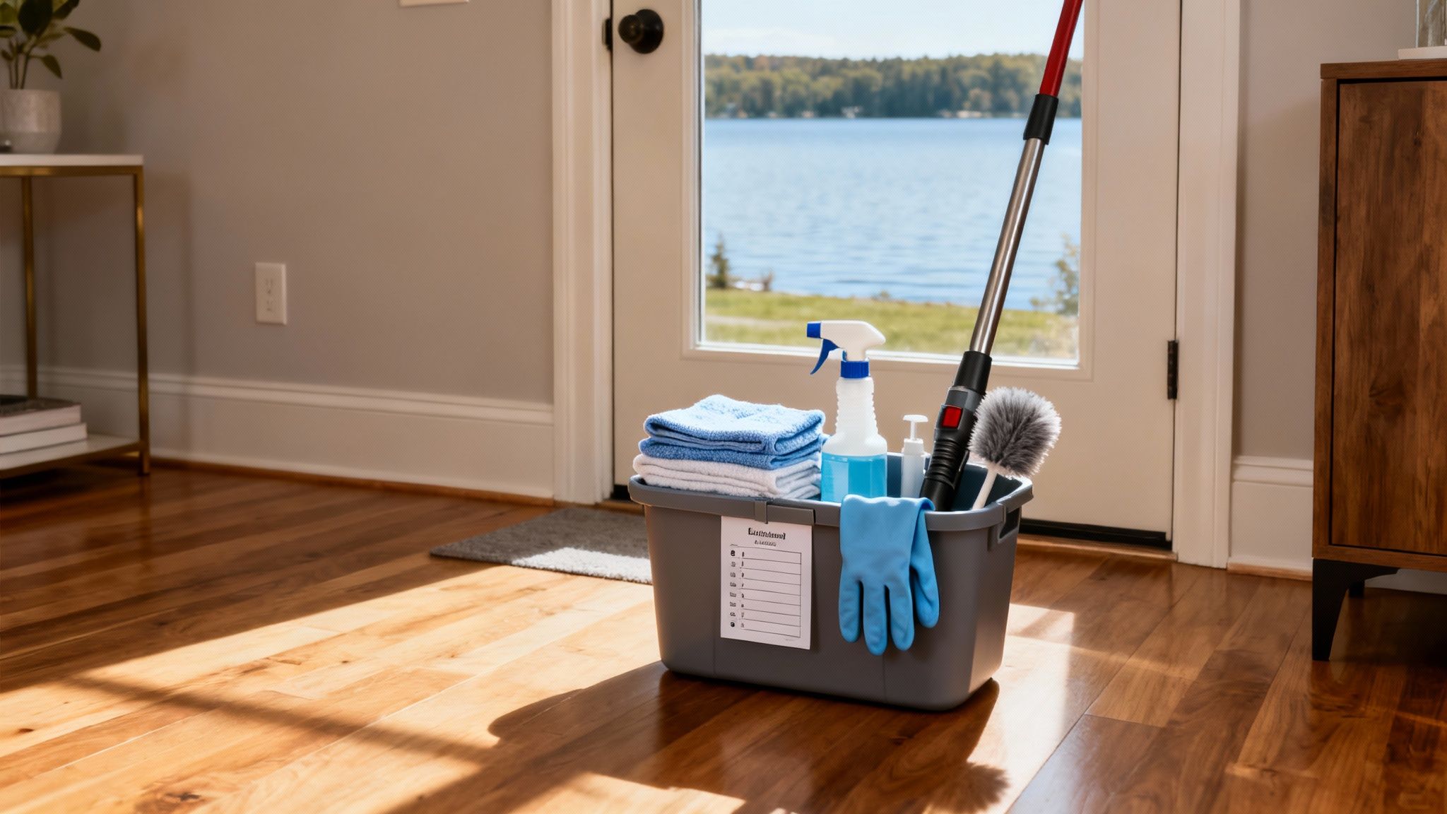A grey cleaning caddy filled with various supplies sits on a wooden floor near a lake view door.