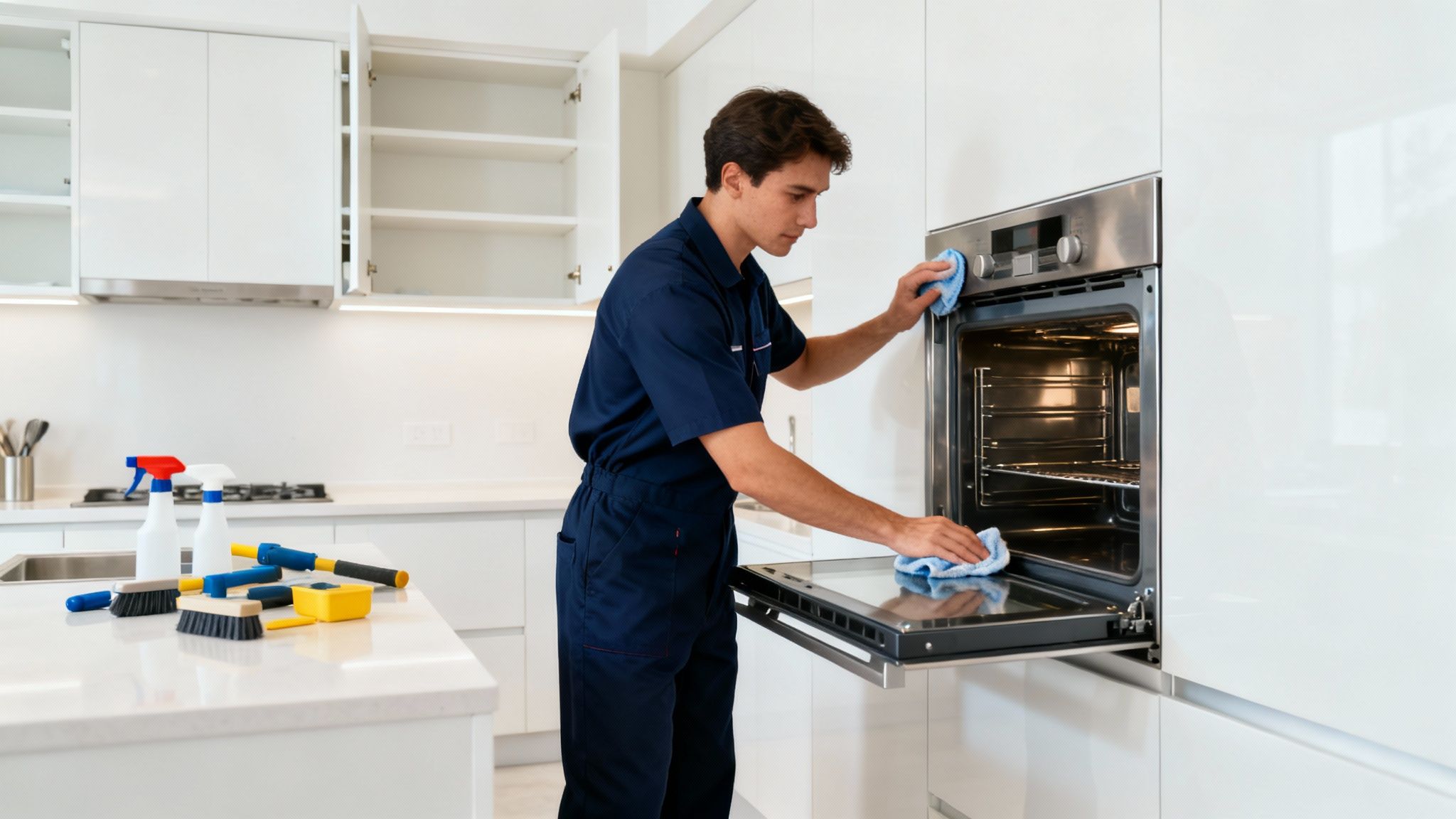 A calculator and cleaning supplies on a wooden surface, representing cleaning costs.