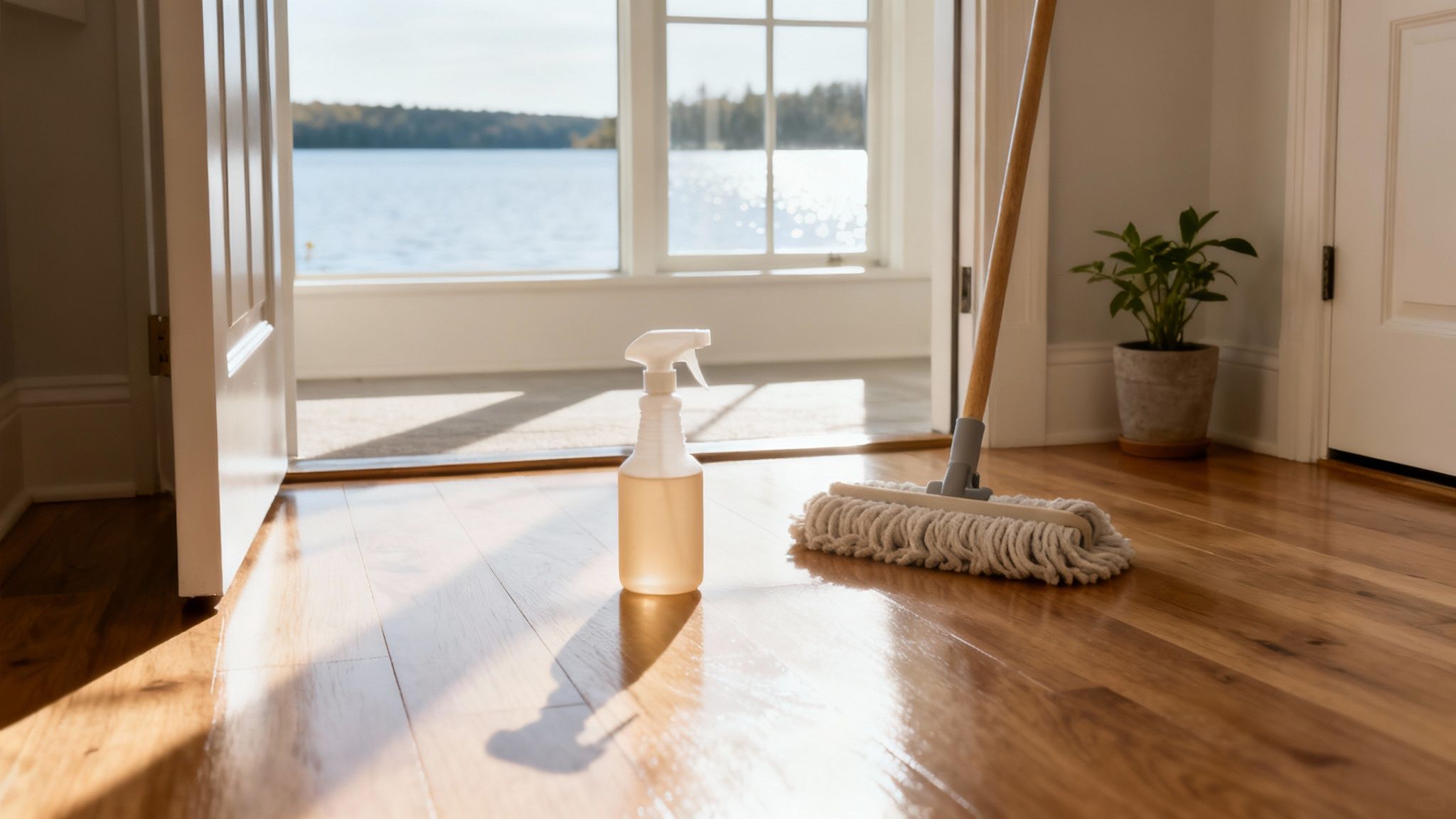Sunlit wooden floor with a natural cleaner spray bottle and a mop, overlooking a serene lake.