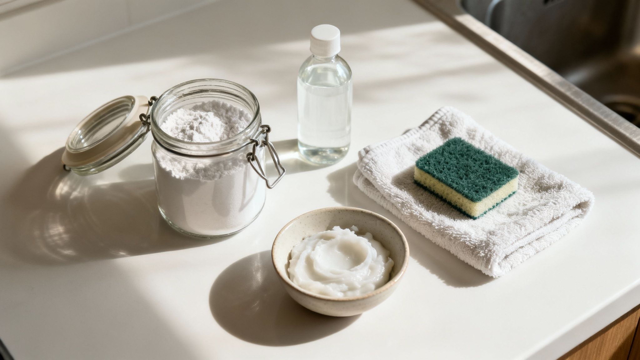 Natural cleaning ingredients: baking soda, vinegar, paste, towel, and sponge on a kitchen counter.