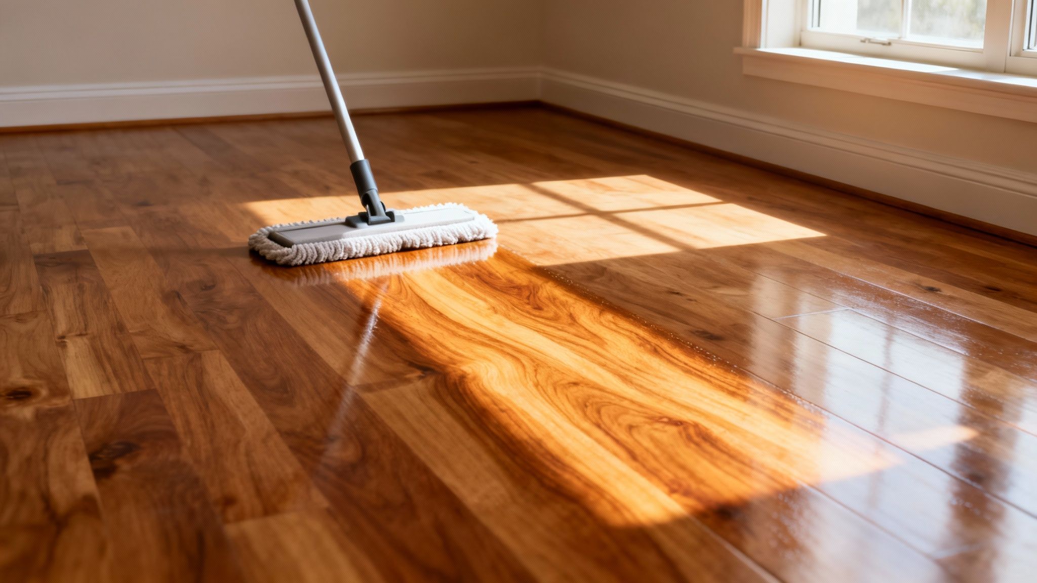 A mop cleaning a shiny wooden floor, reflecting sunlight from a nearby window.